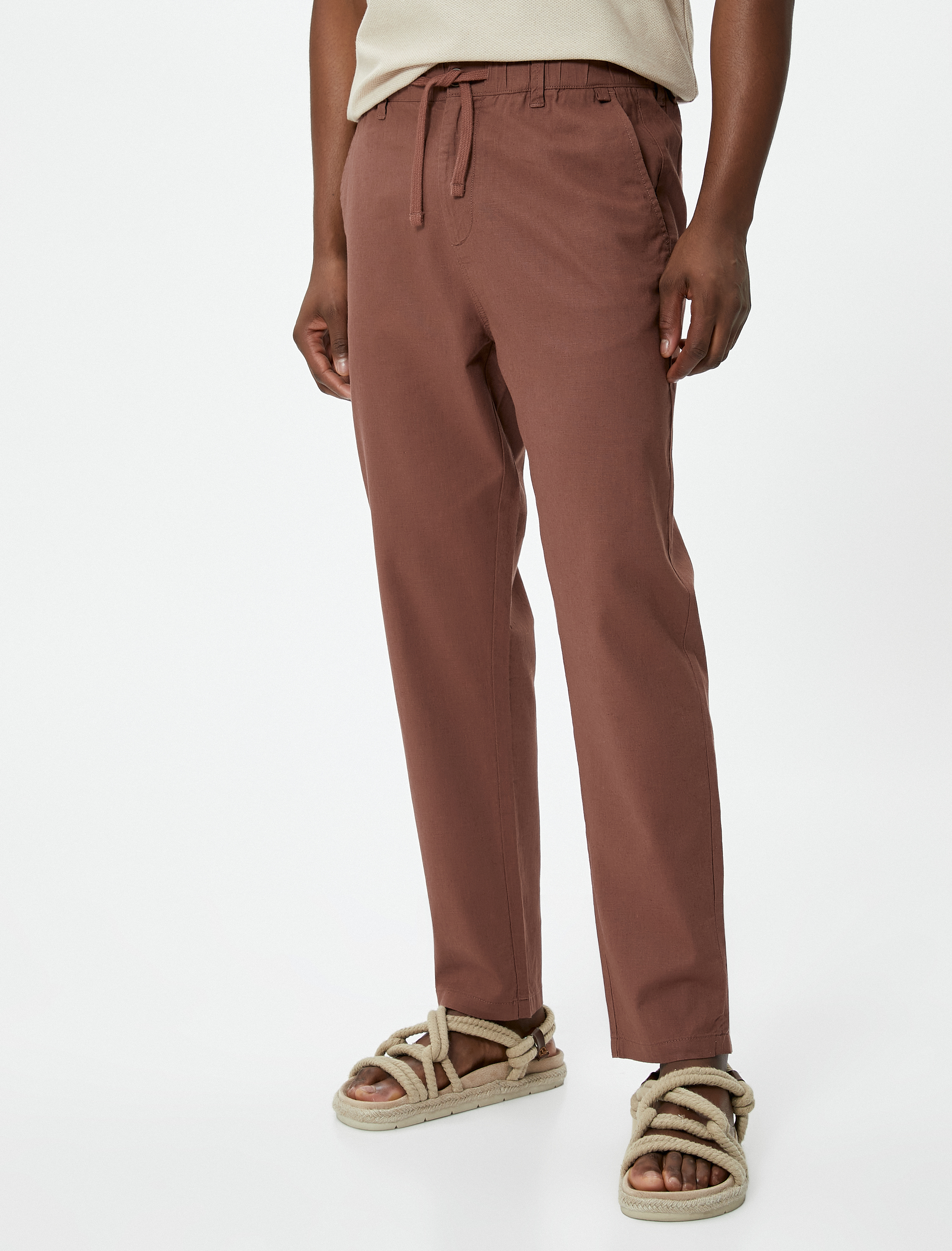   Boyfriend Pantolon Beli Bağcıklı Chino Cep Detaylı Keten Karışımlı