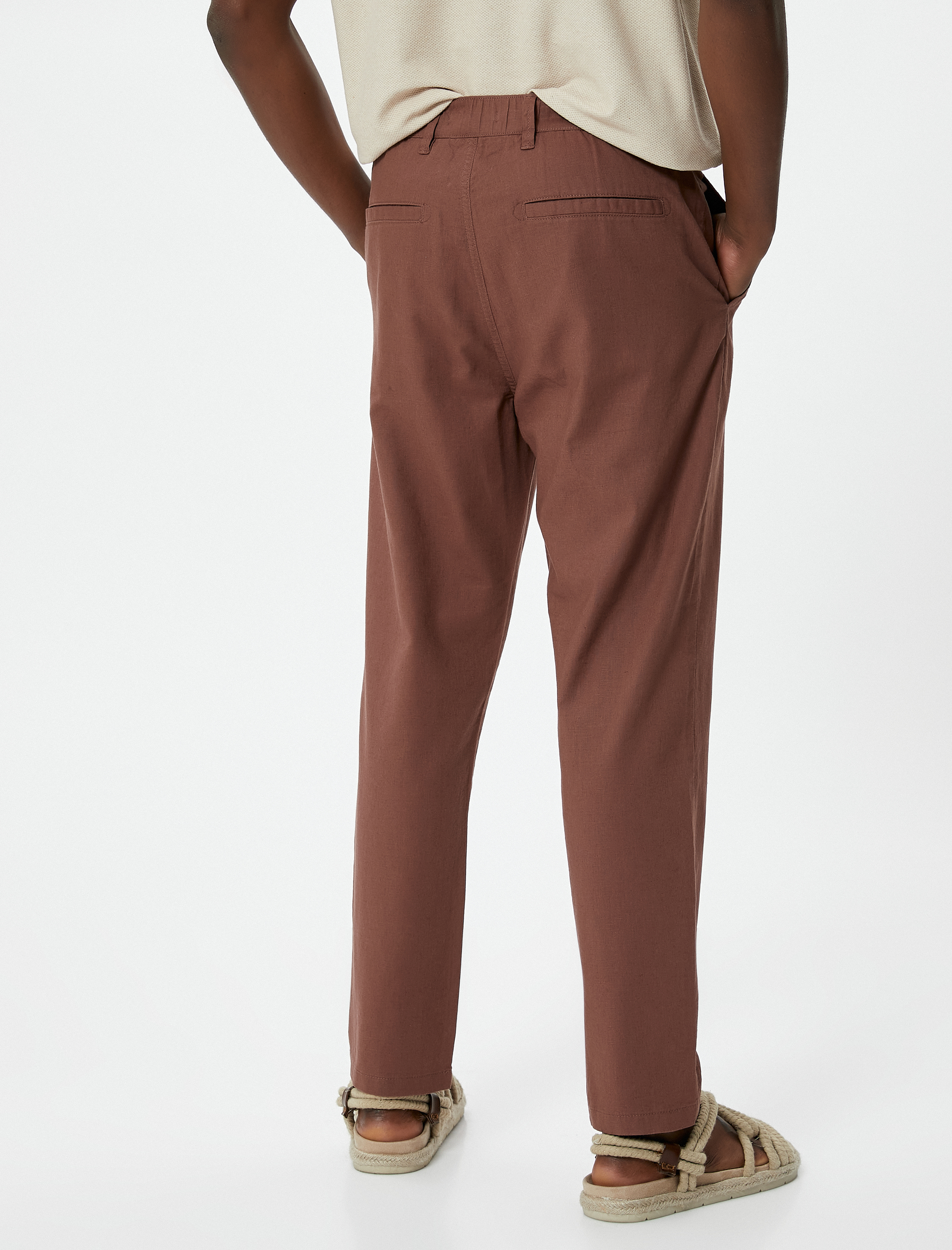   Boyfriend Pantolon Beli Bağcıklı Chino Cep Detaylı Keten Karışımlı