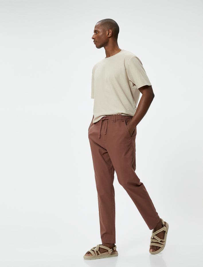  Boyfriend Pantolon Beli Bağcıklı Chino Cep Detaylı Keten Karışımlı