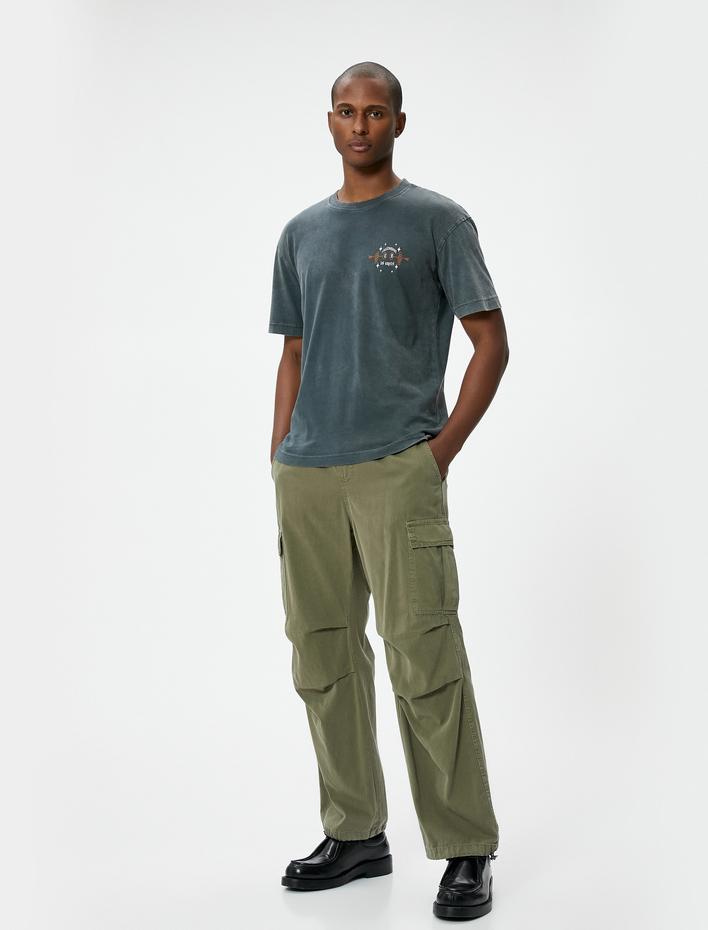  Oversize Tişört Arkası Baskılı Yıkamalı Bisiklet Yaka