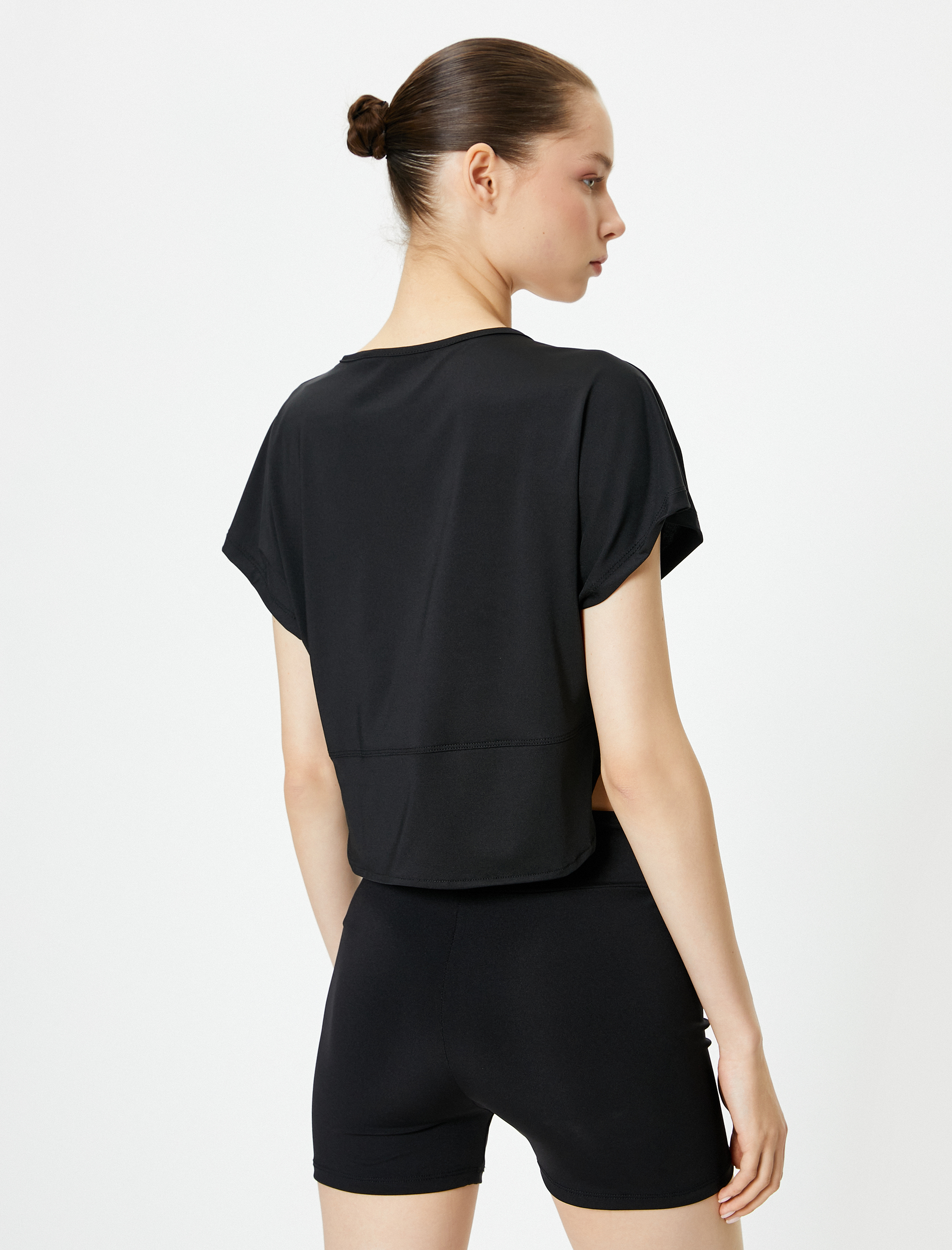   Spor Crop Tişört Kısa Kollu Bisiklet Yaka Baskılı Rahat Kalıp