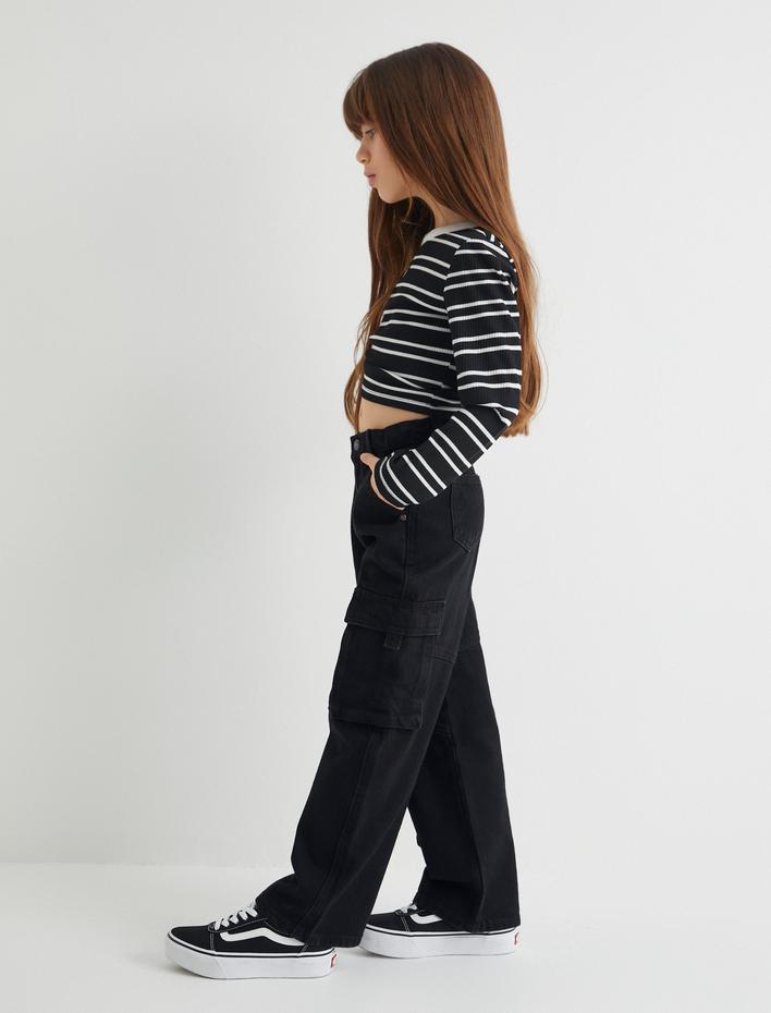 Kız Çocuk Kargo Kot Pantolon Bol Paça Rahat Kesim Pamuklu