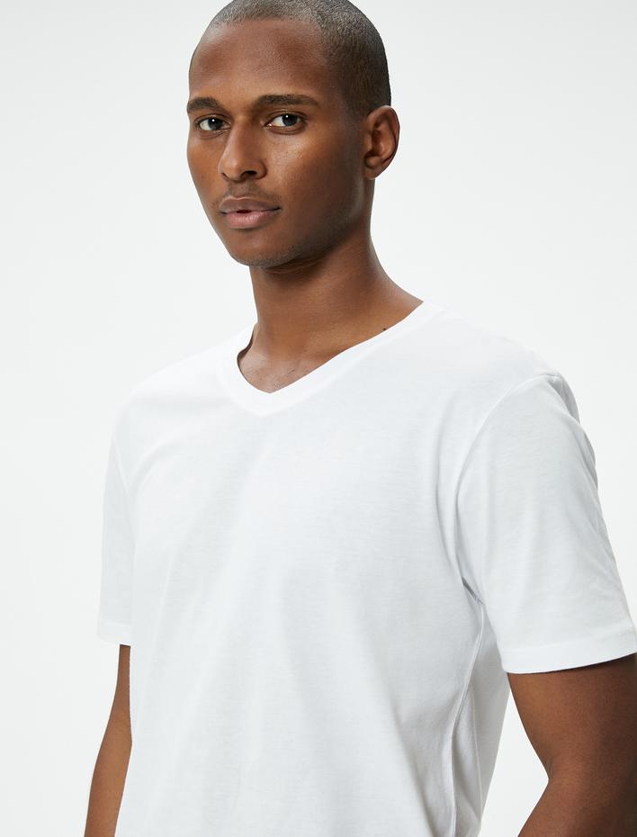  V Yaka Tişört Slim Fit Kısa Kollu Pamuklu
