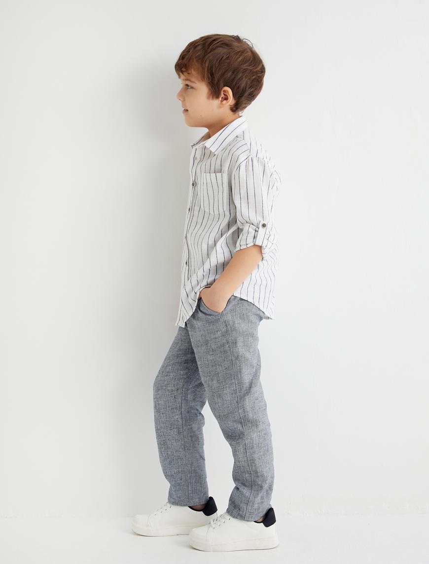  Erkek Çocuk Keten Pantolon Beli Bağlamalı Cepli