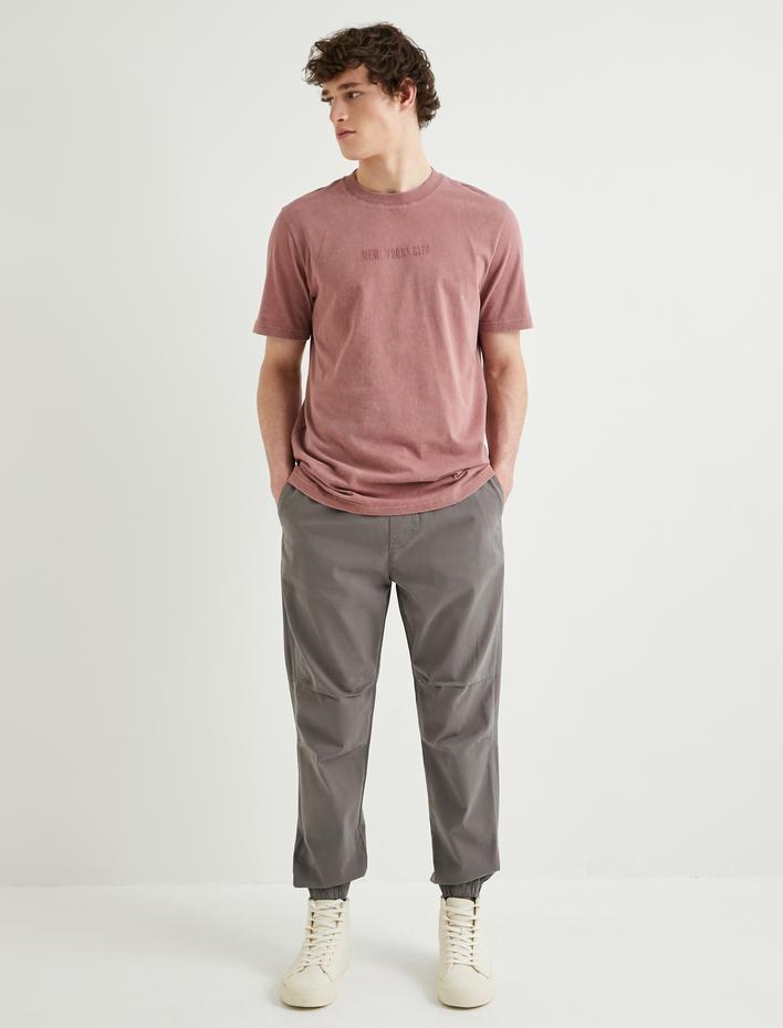  Slogan İşlemeli Tişört Yıkamalı Bisiklet Yaka Kısa Kollu