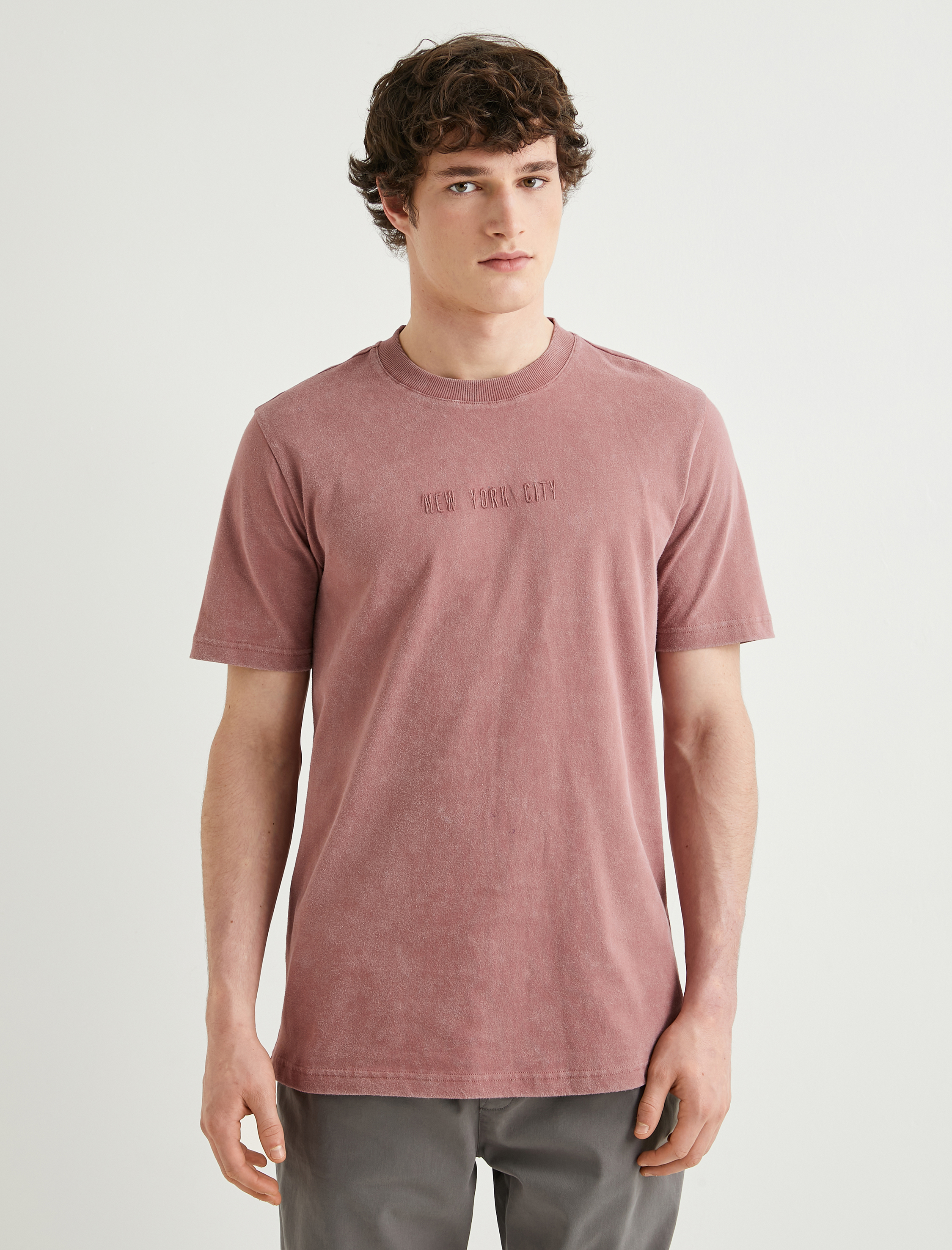   Slogan İşlemeli Tişört Yıkamalı Bisiklet Yaka Kısa Kollu