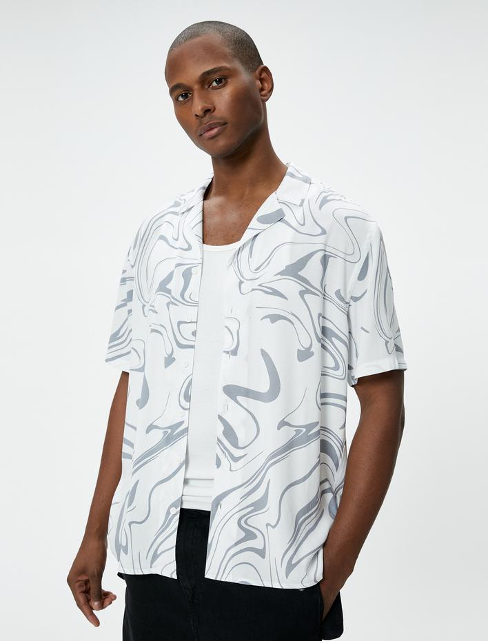  Vintage Gömlek Kısa Kollu Devrik Yaka Desenli Düğmeli Viskon Regular Fit