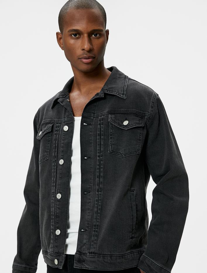  Yıkamalı Kot Ceket Klasik Yaka Cep Detaylı Düğmeli