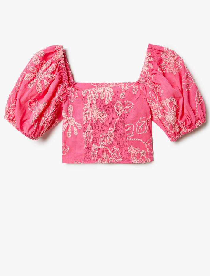 Kız Çocuk Crop Bluz İşlemeli Kare Yaka Pamuklu