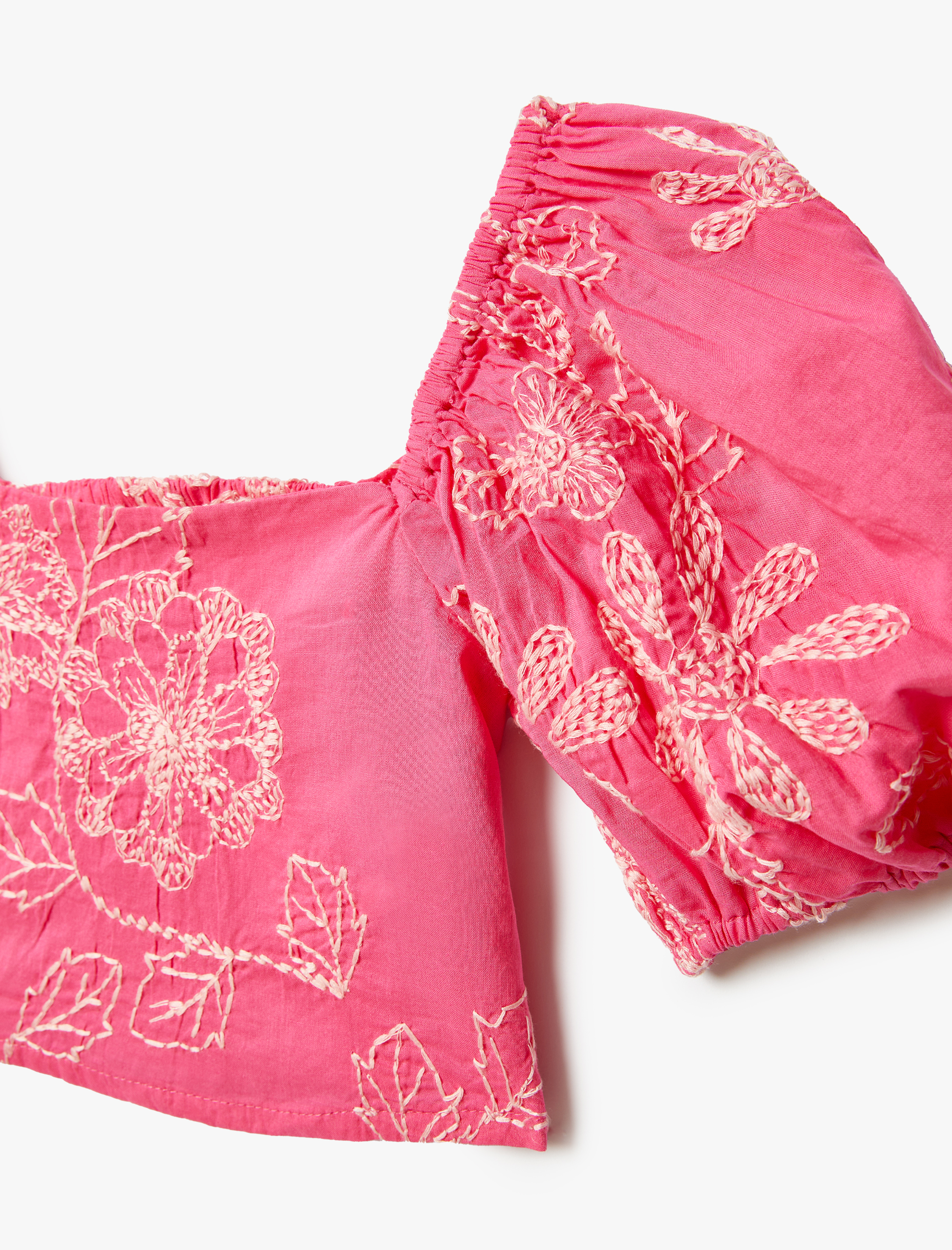 Kız Çocuk Crop Bluz İşlemeli Kare Yaka Pamuklu