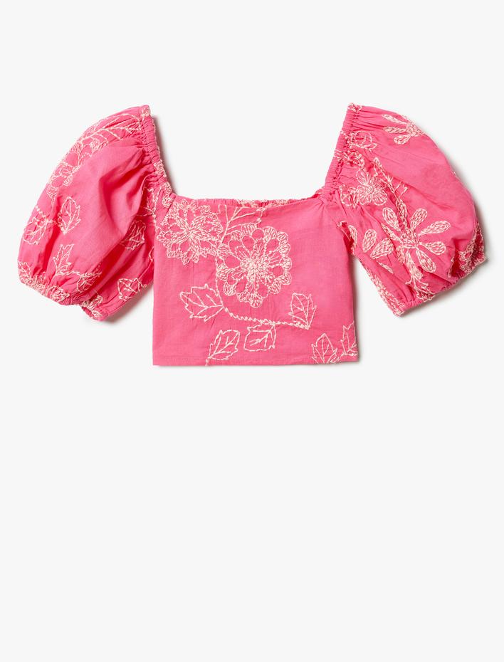 Kız Çocuk Crop Bluz İşlemeli Kare Yaka Pamuklu