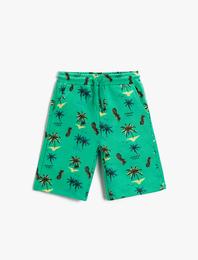 Palmiye Baskılı Şort Beli Lastikli Diz Üstü Pamuklu