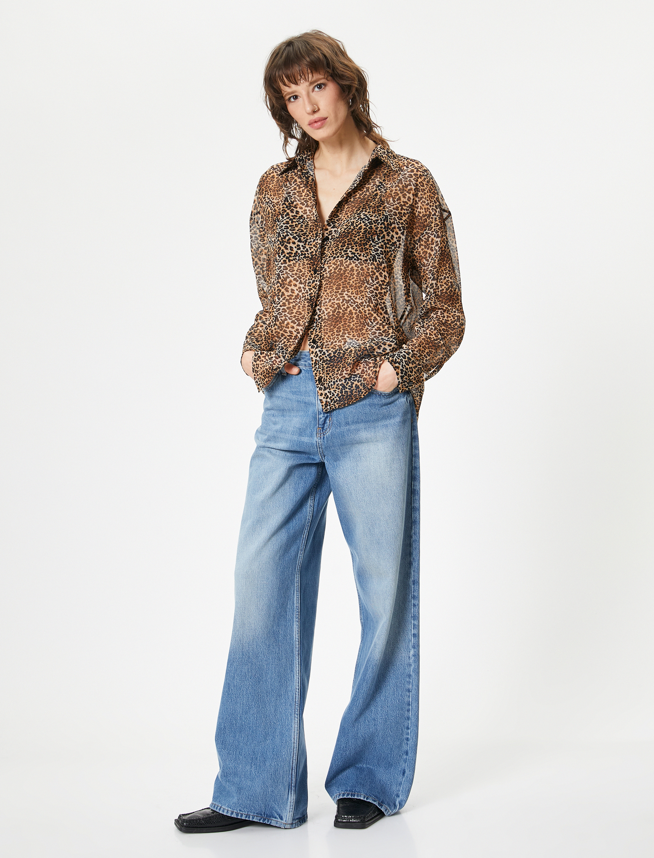   Leopar Desenli Gömlek Uzun Kollu Düğmeli