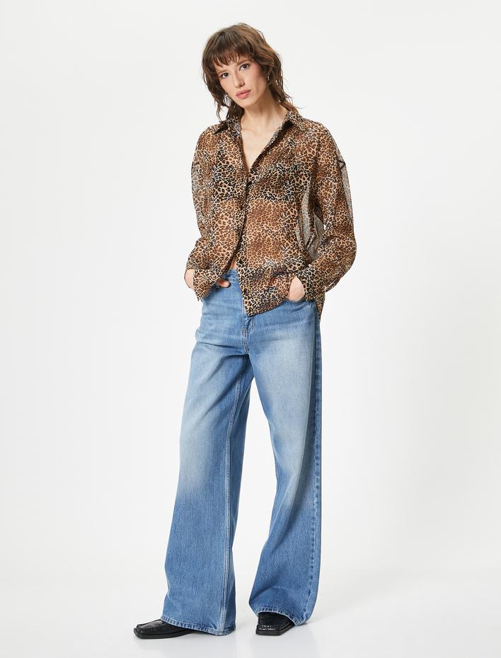  Leopar Desenli Gömlek Uzun Kollu Düğmeli