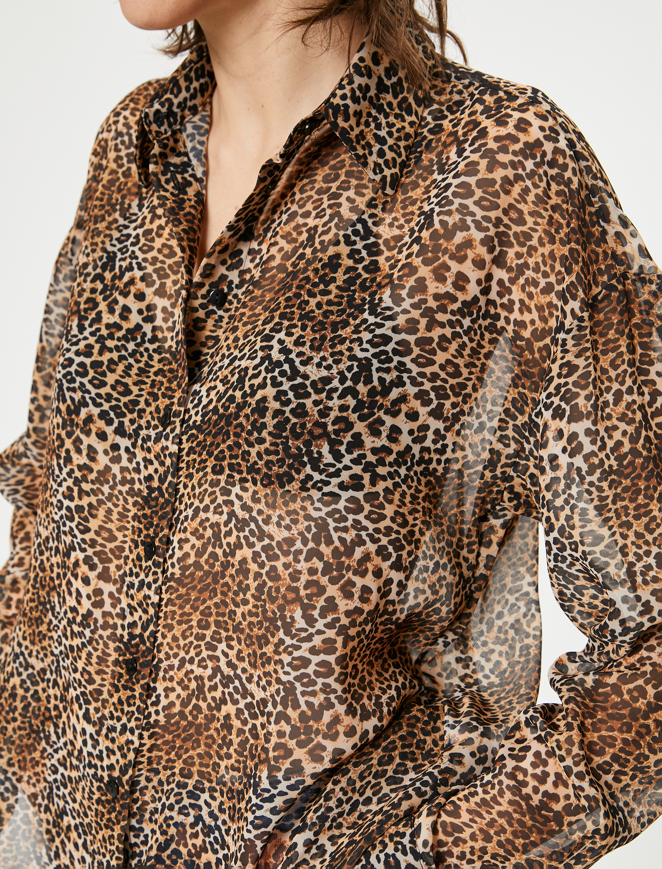   Leopar Desenli Gömlek Uzun Kollu Düğmeli