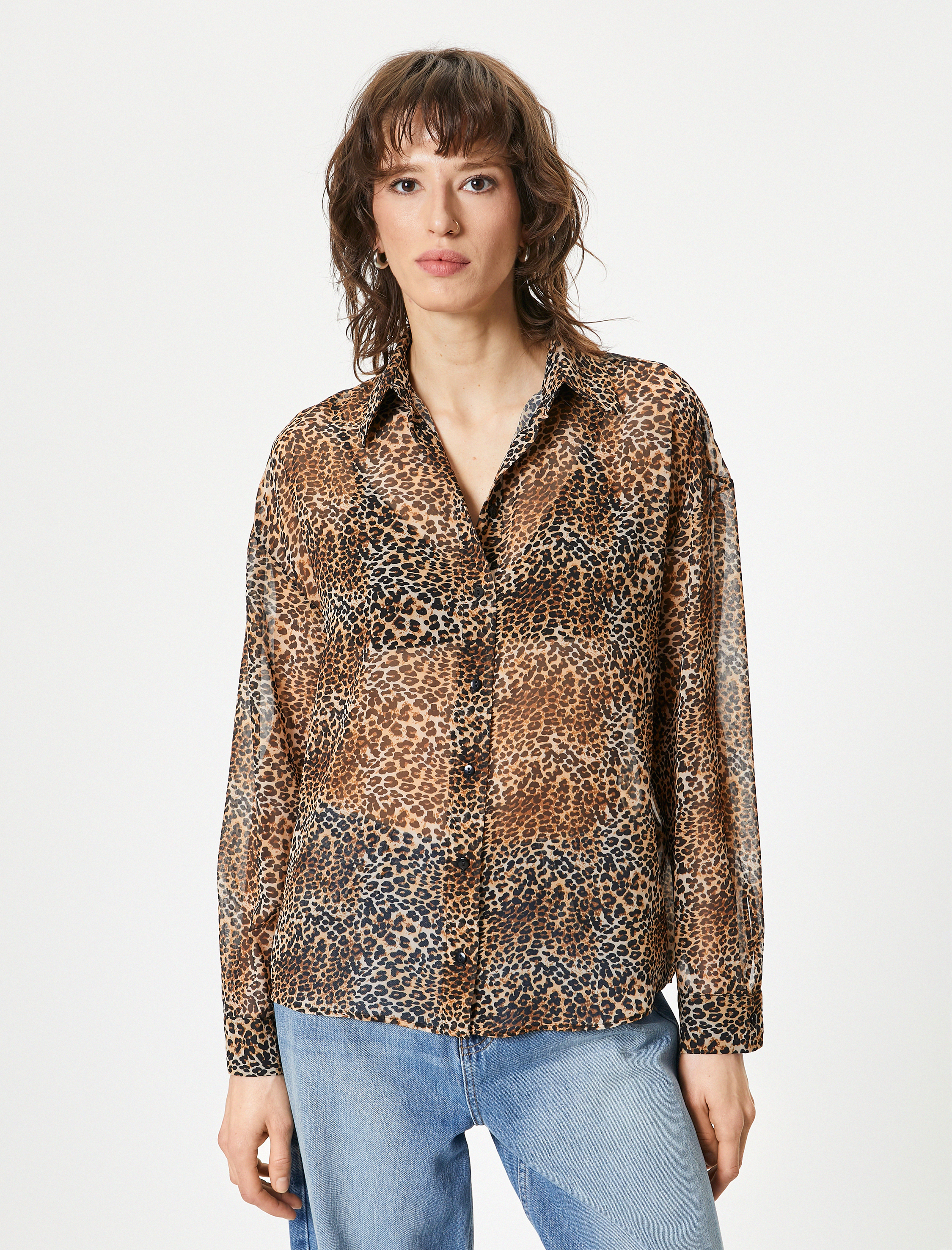   Leopar Desenli Gömlek Uzun Kollu Düğmeli