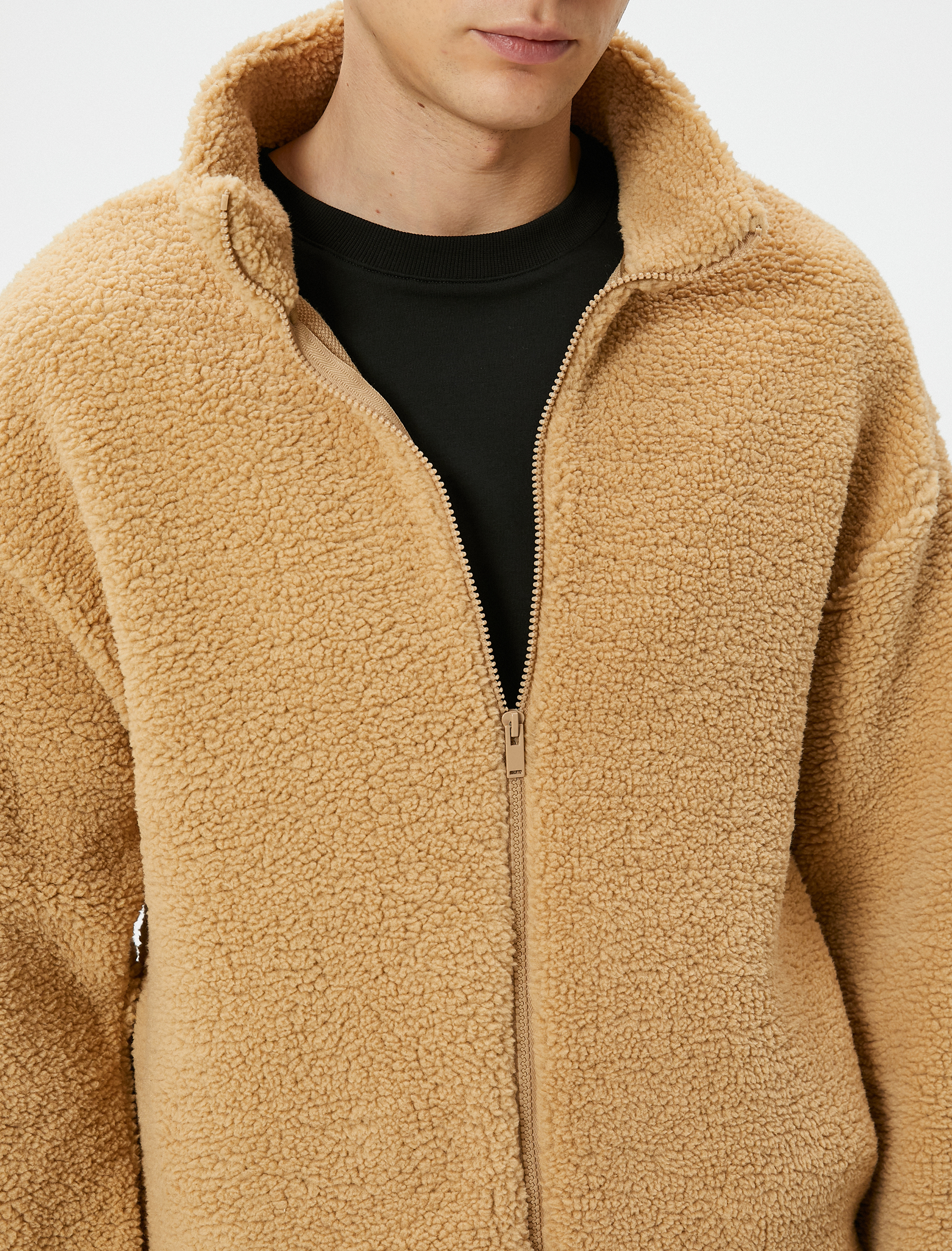   Peluş Hırka Fermuarlı Dik Yaka Yumuşak Dokulu