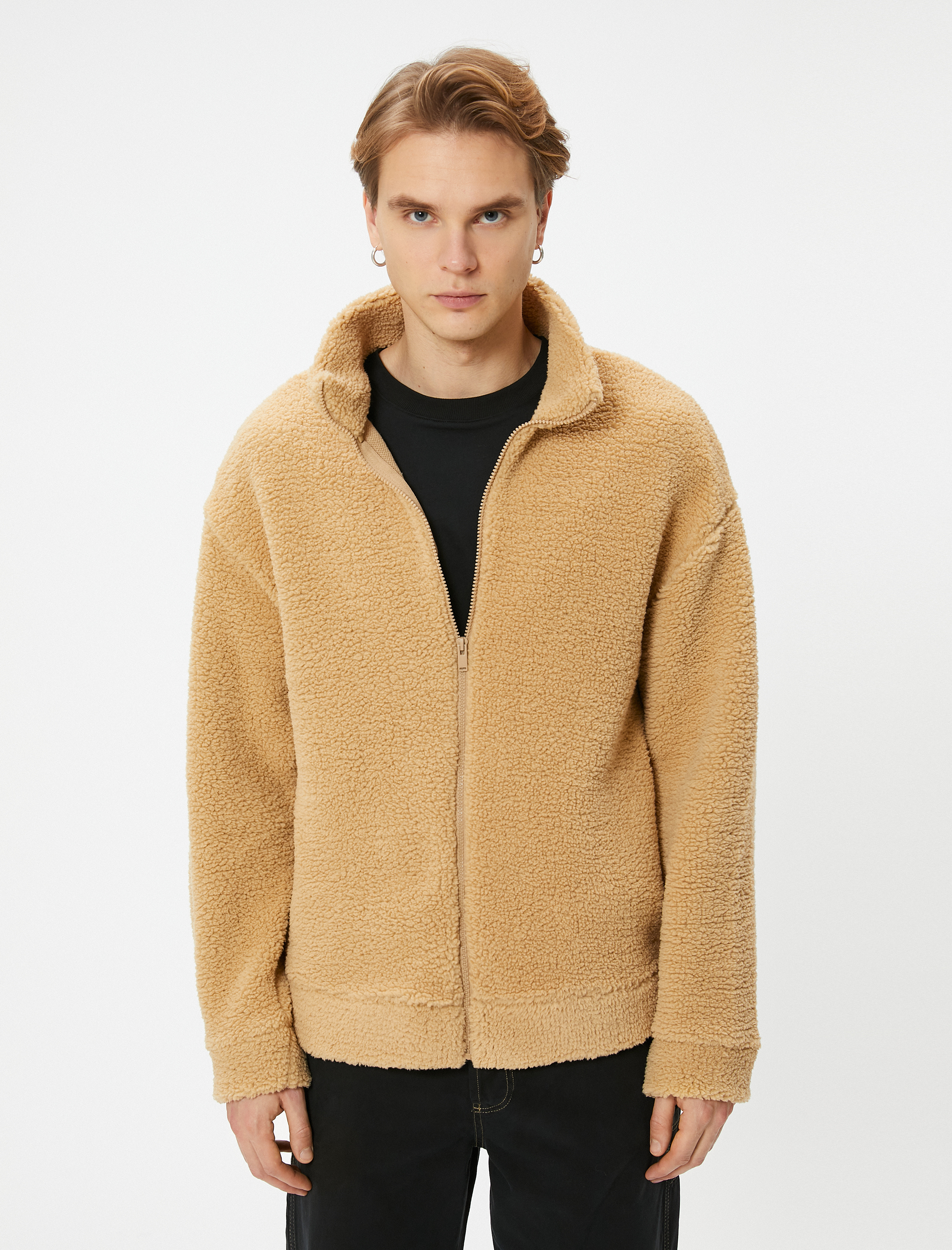   Peluş Hırka Fermuarlı Dik Yaka Yumuşak Dokulu