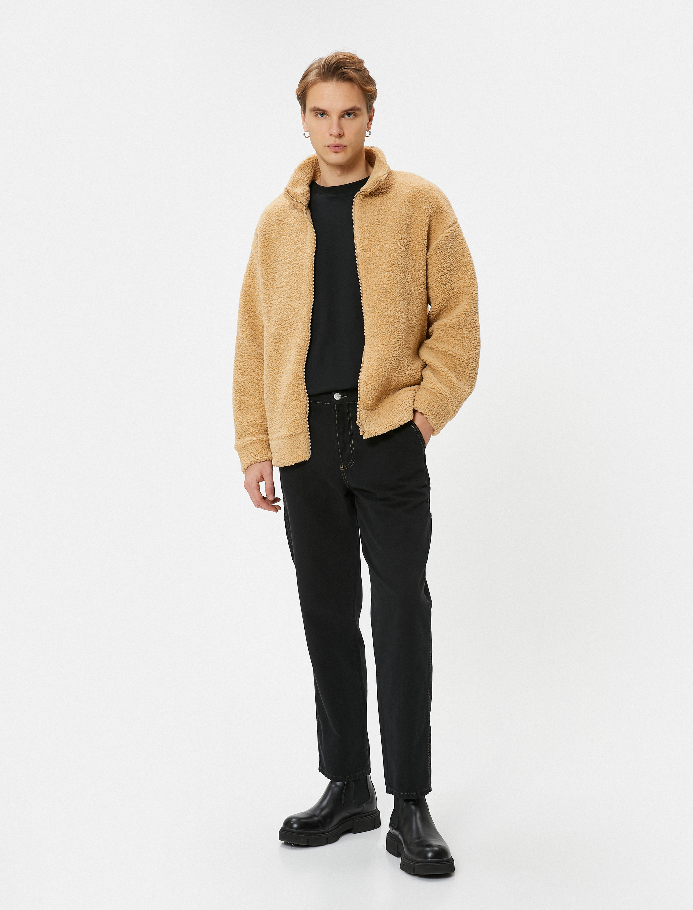   Peluş Hırka Fermuarlı Dik Yaka Yumuşak Dokulu