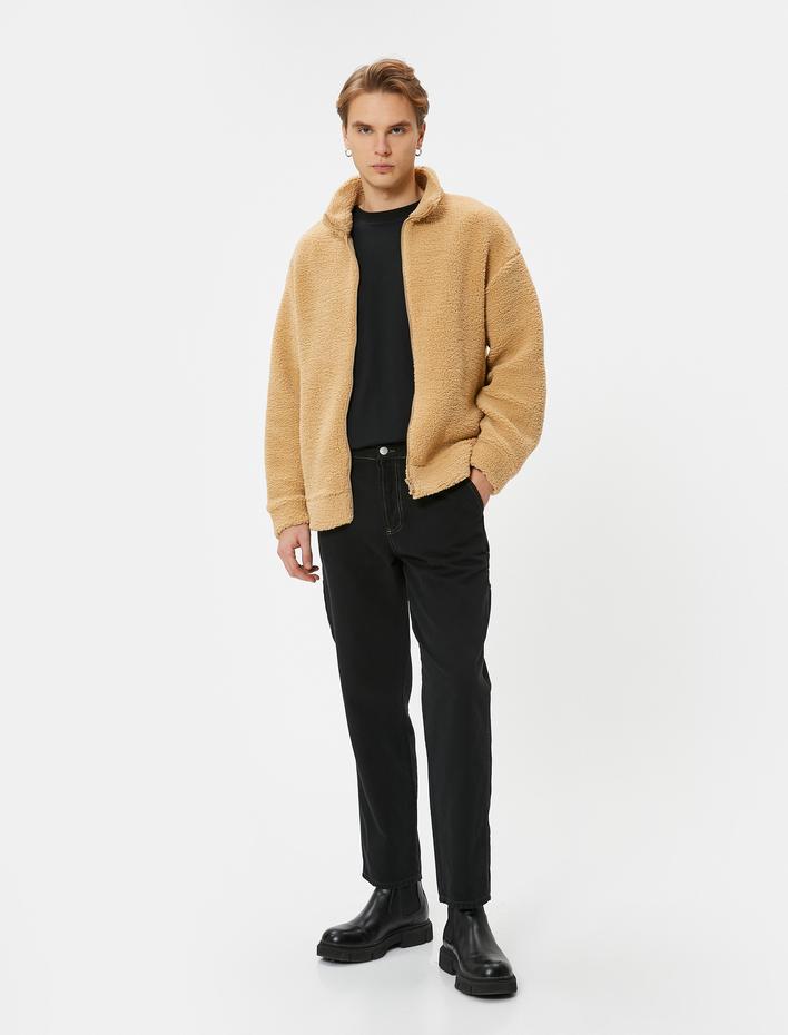  Peluş Hırka Fermuarlı Dik Yaka Yumuşak Dokulu