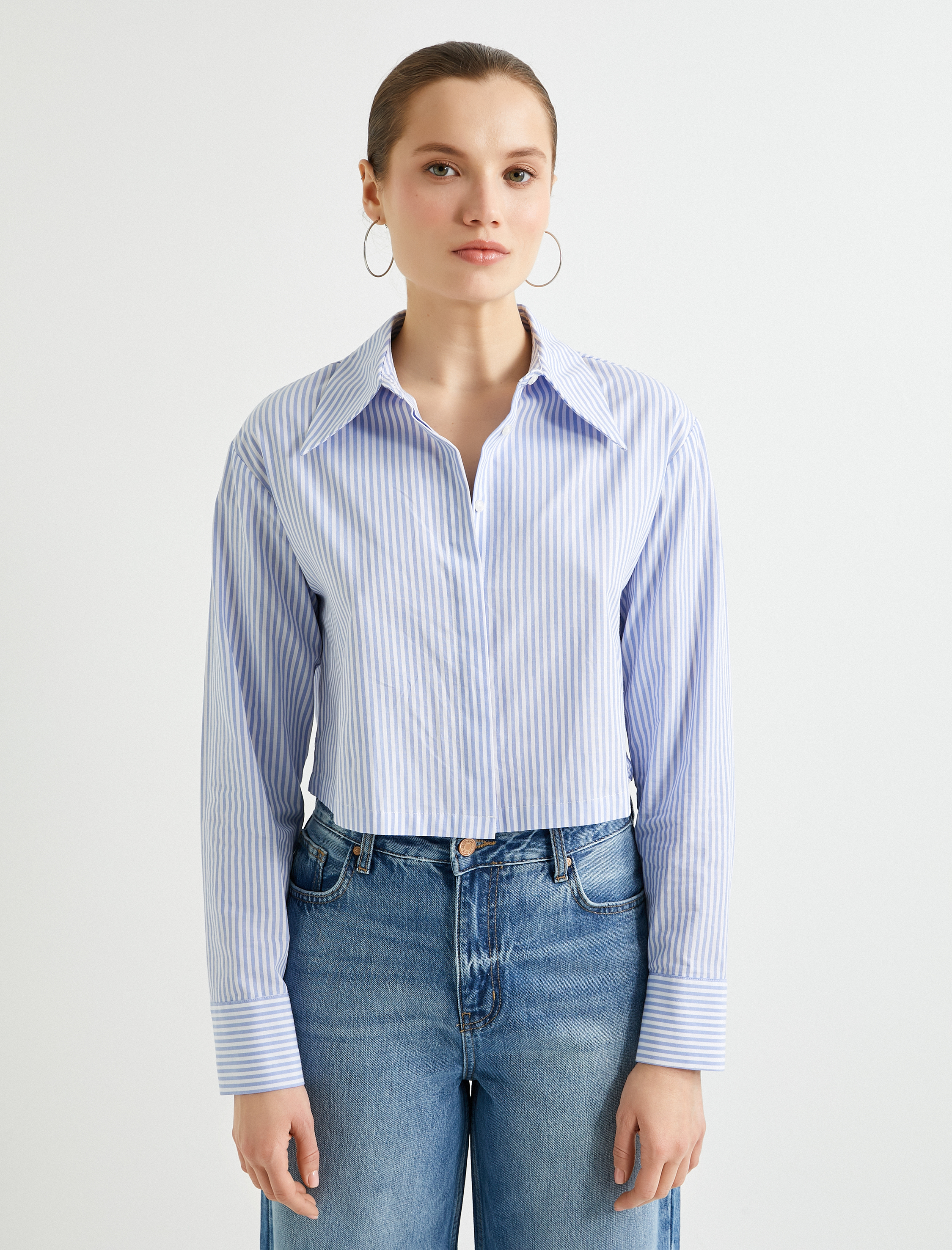   Crop Poplin Gömlek Uzun Kollu Düğmeli