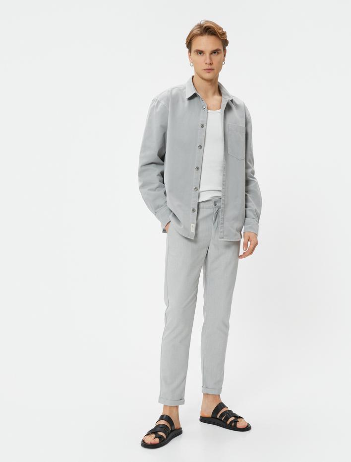  Kumaş Pantolon Slim Fit Beli Lastikli Düğmeli Cep Detaylı Katlı Paça