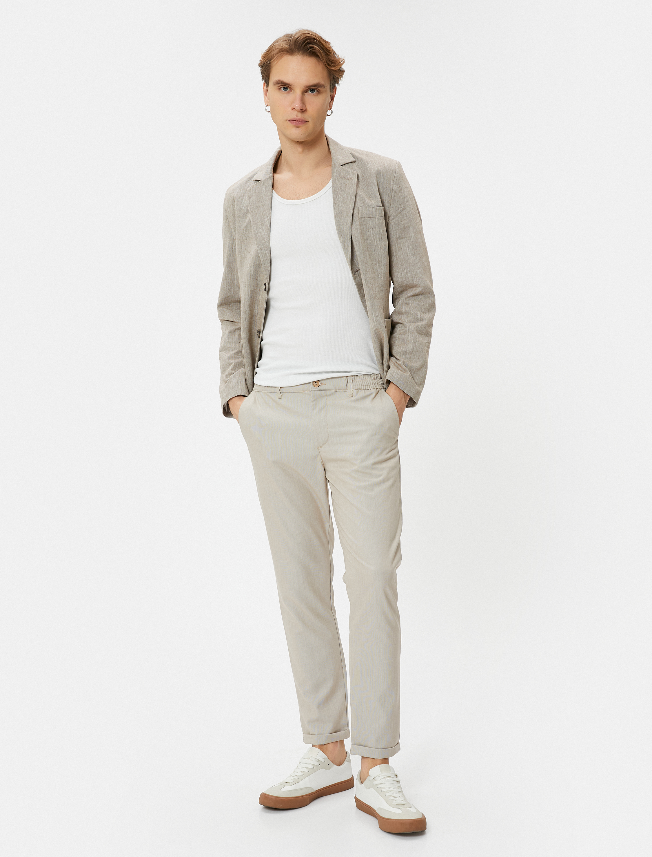   Kumaş Pantolon Slim Fit Beli Lastikli Düğmeli Cep Detaylı Katlı Paça