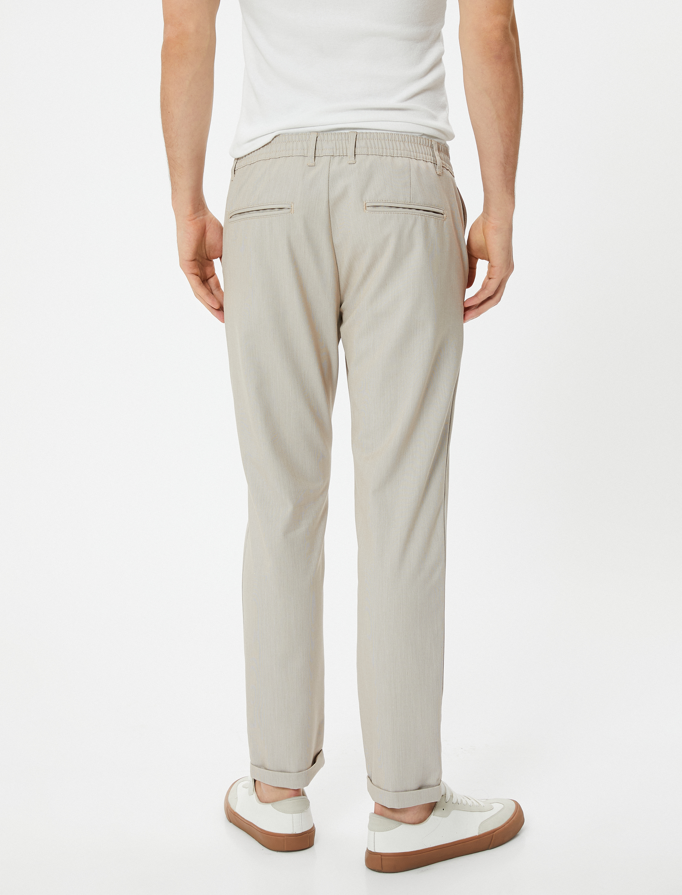   Kumaş Pantolon Slim Fit Beli Lastikli Düğmeli Cep Detaylı Katlı Paça