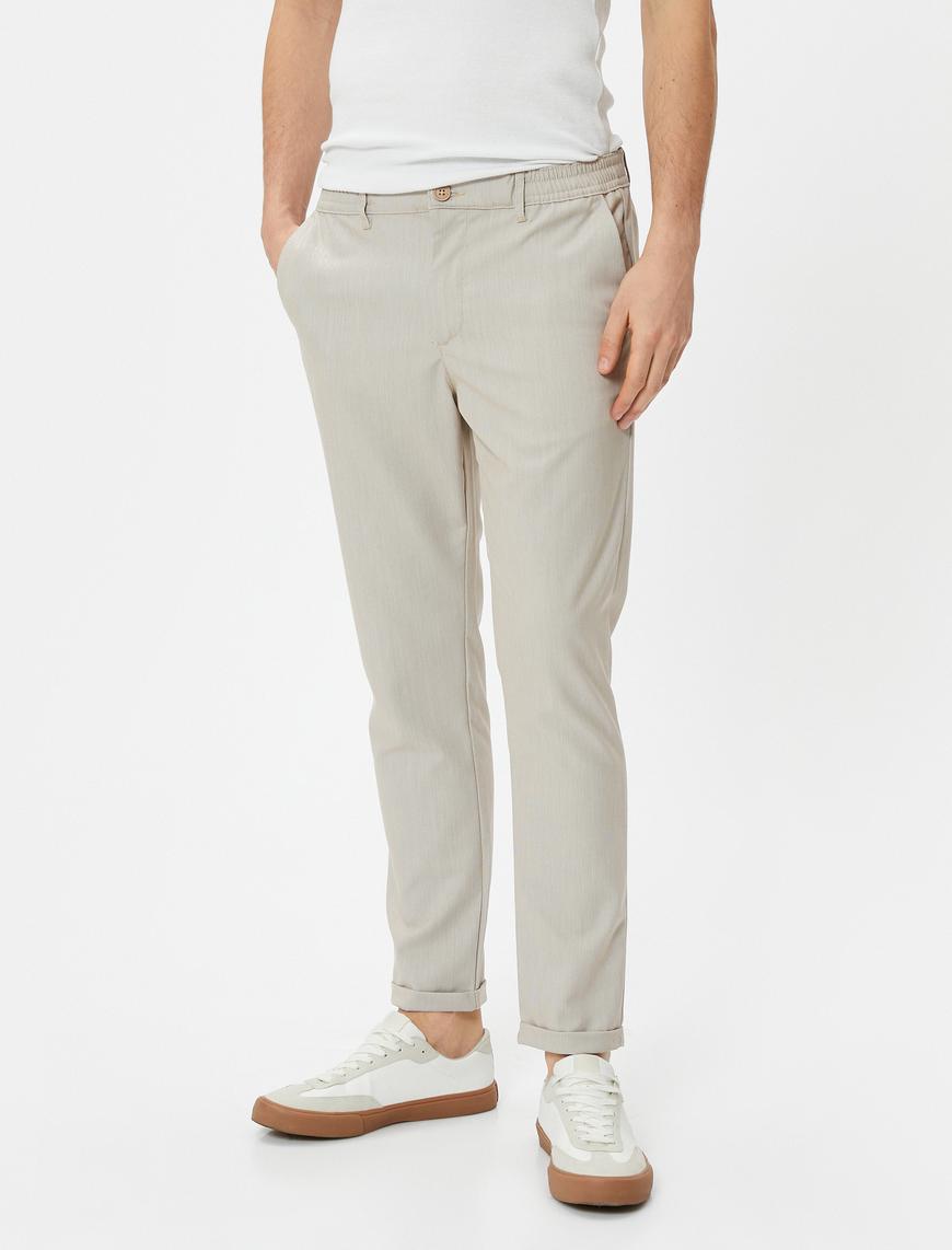   Slim Fit Pantolon Beli Lastikli Düğmeli Cep Detaylı Katlı Paça