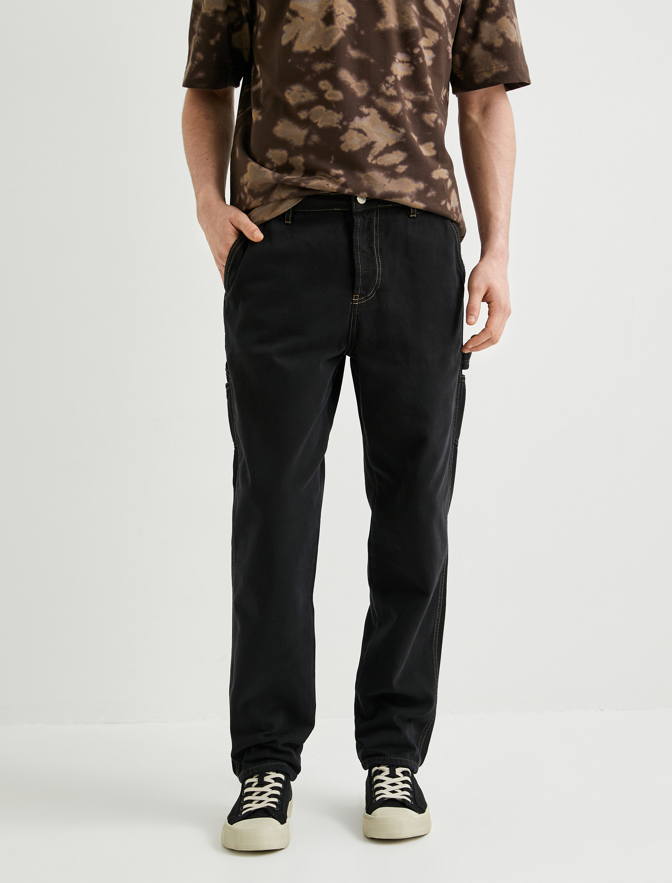   Bol Pantolon Dikiş Detaylı Chino Cepli Düğmeli Pamuklu