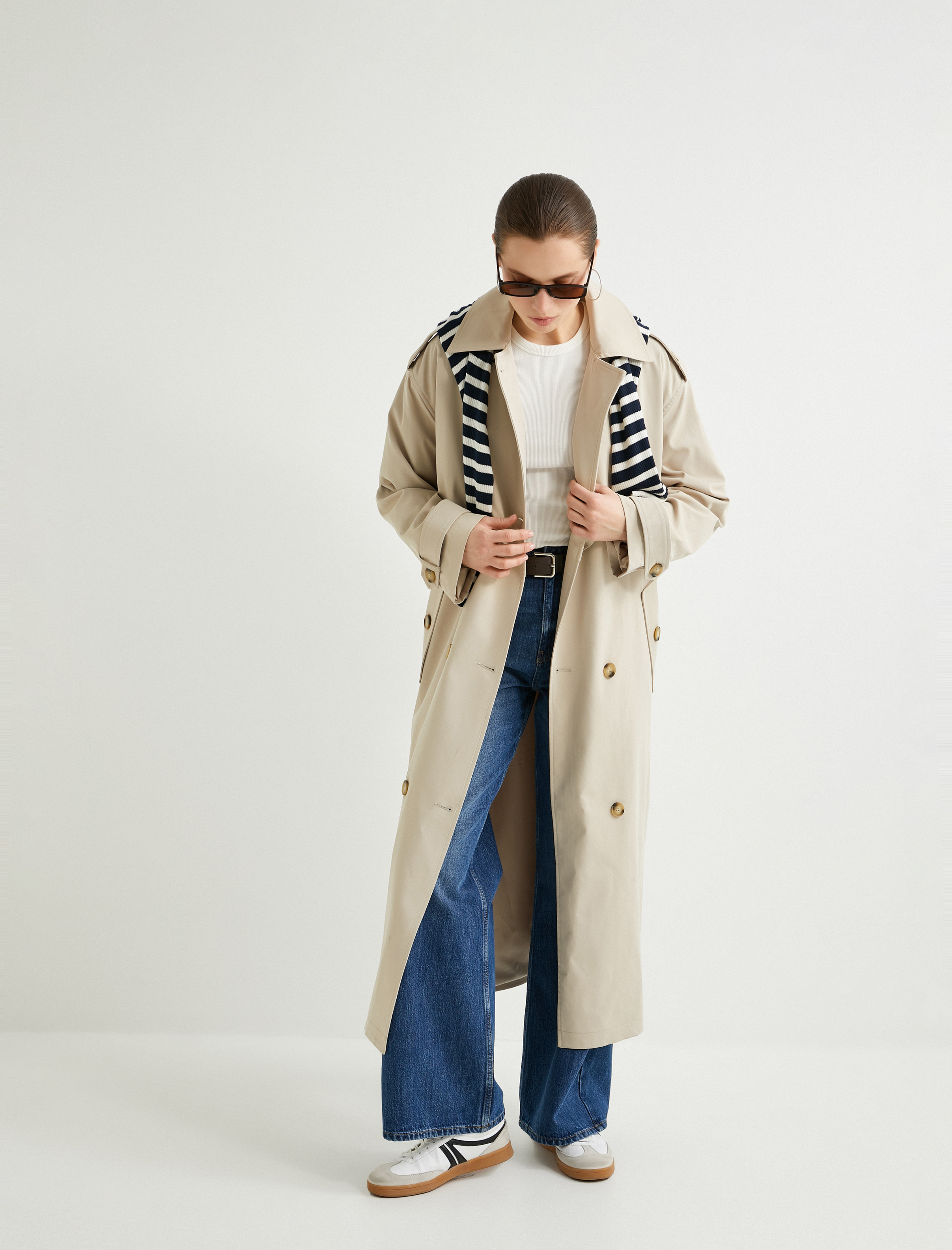   Uzun Oversize Trençkot Kemerli Kruvaze Düğmeli Cepli