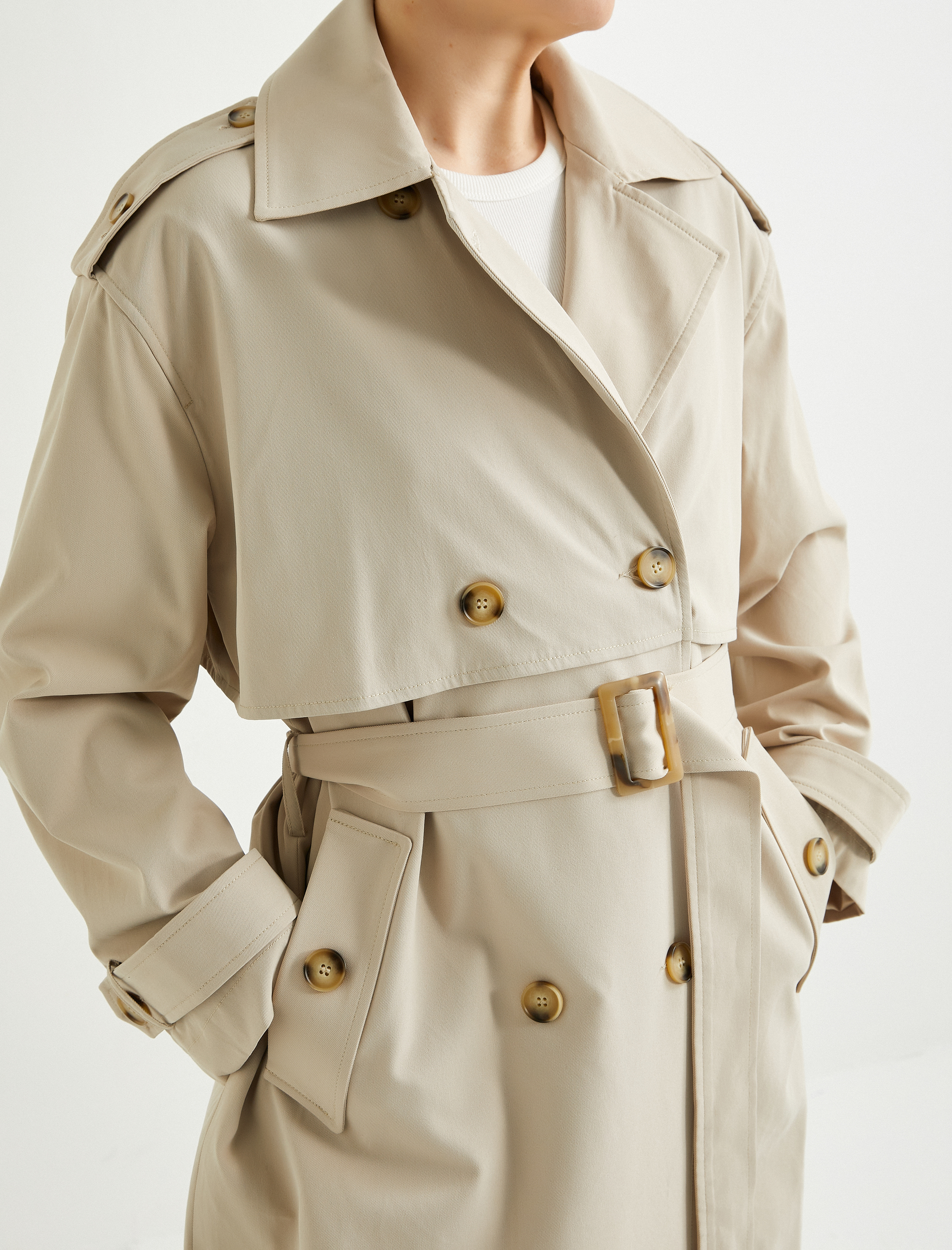   Uzun Oversize Trençkot Kemerli Kruvaze Düğmeli Cepli