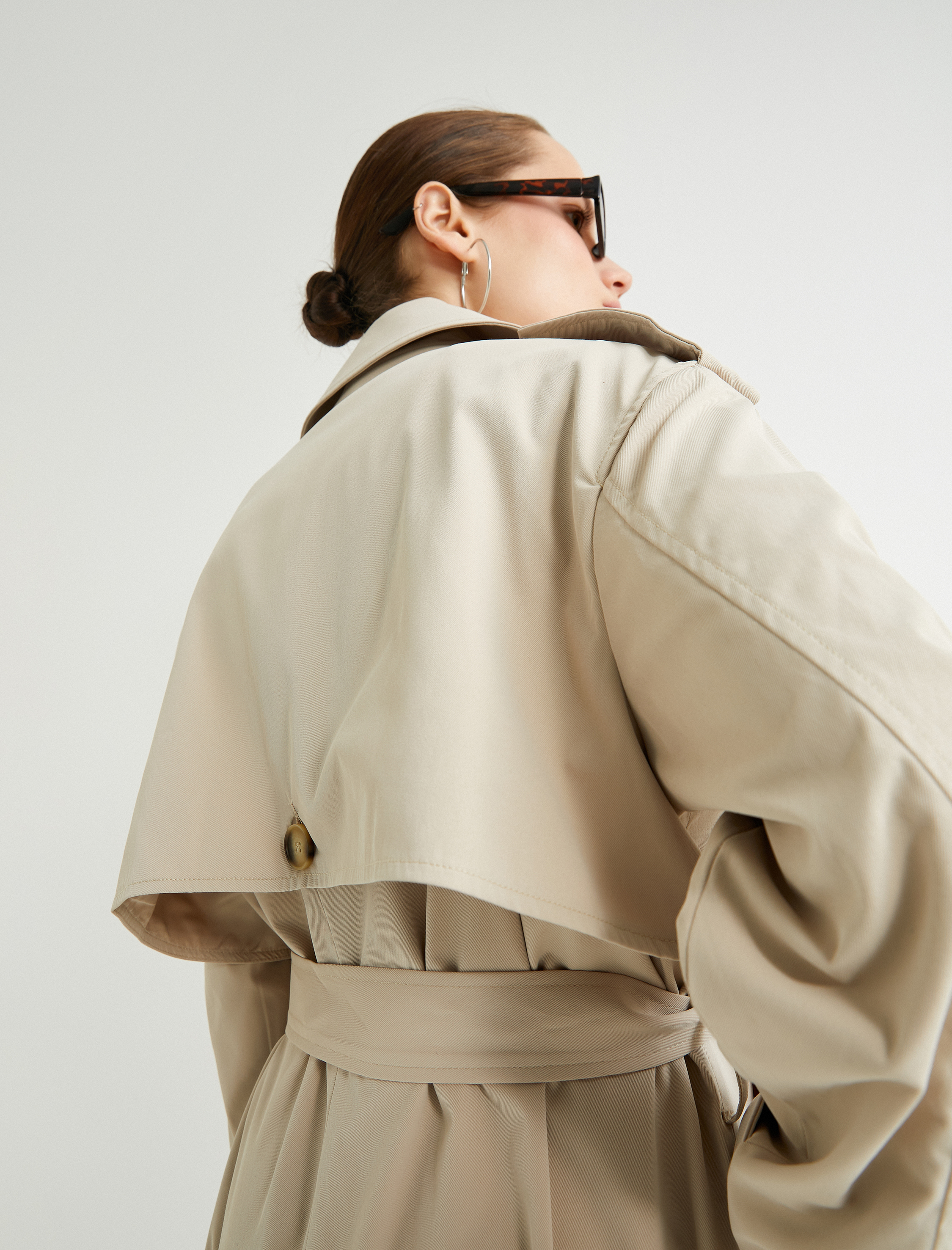   Uzun Oversize Trençkot Kemerli Kruvaze Düğmeli Cepli