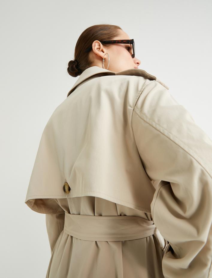  Uzun Oversize Trençkot Kemerli Kruvaze Düğmeli Cepli