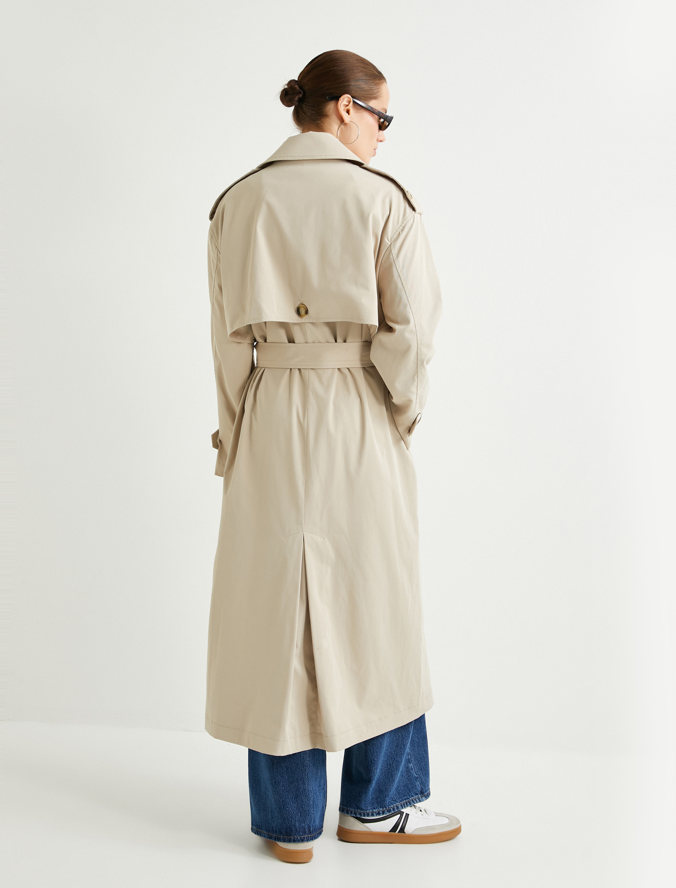   Uzun Oversize Trençkot Kemerli Kruvaze Düğmeli Cepli