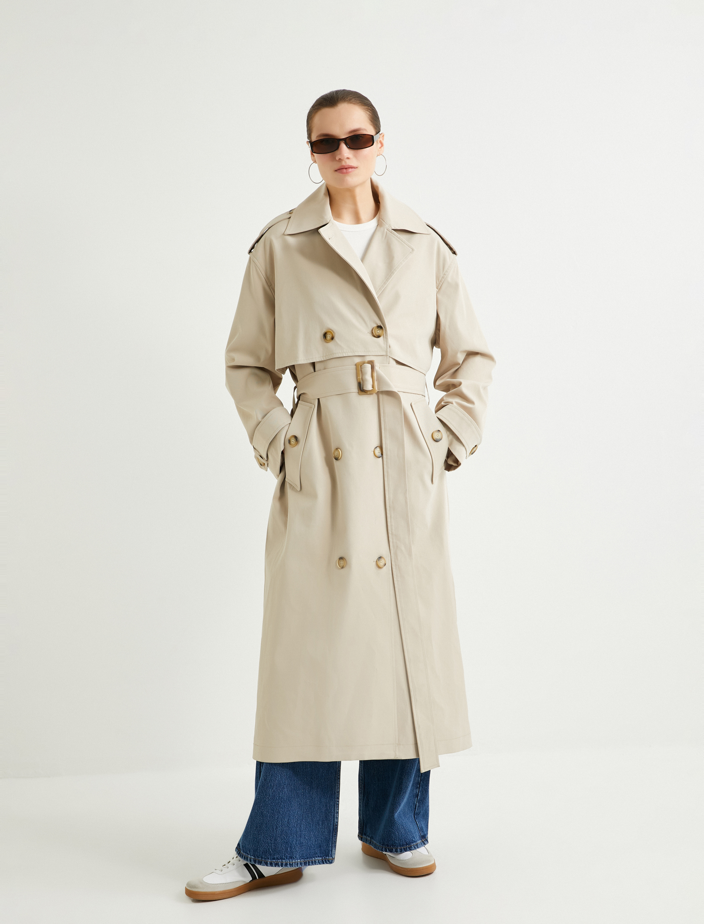   Uzun Oversize Trençkot Kemerli Kruvaze Düğmeli Cepli