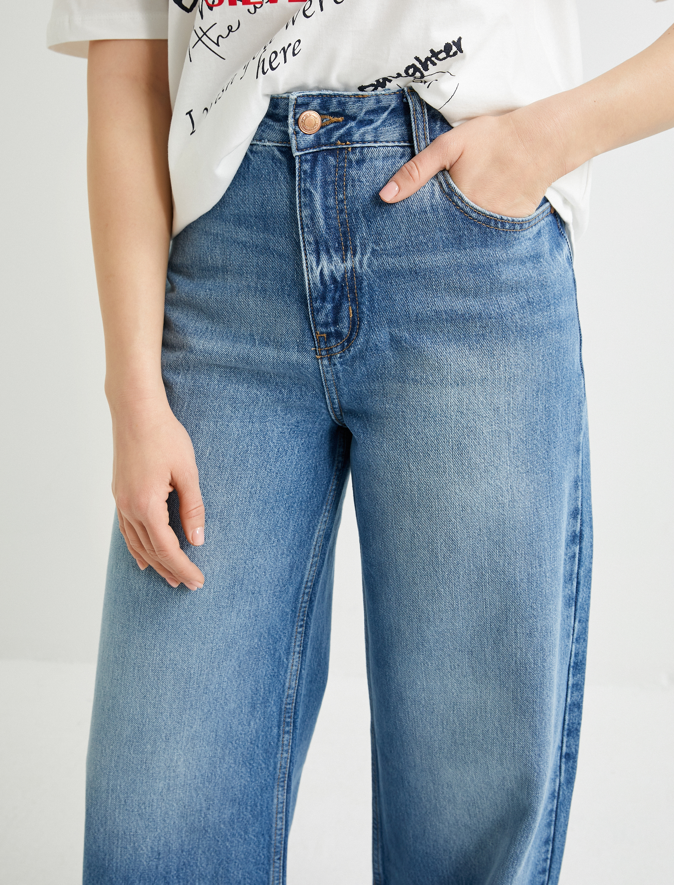   Geniş Paça Kot Pantolon Yüksek Bel Cepli Lyocell Kumaş Özellikli - Bianca Jean