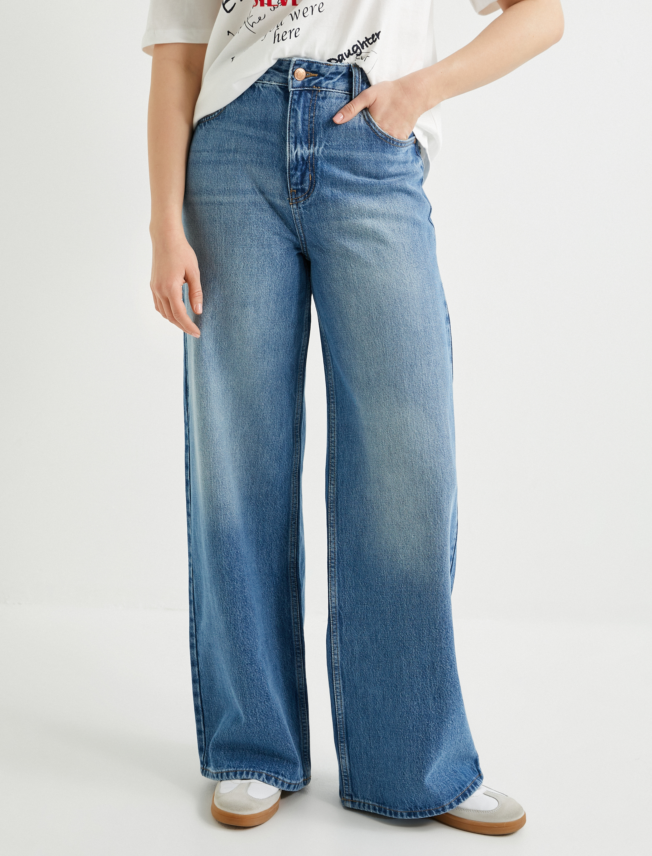   Geniş Paça Kot Pantolon Yüksek Bel Cepli Lyocell Kumaş Özellikli - Bianca Jean