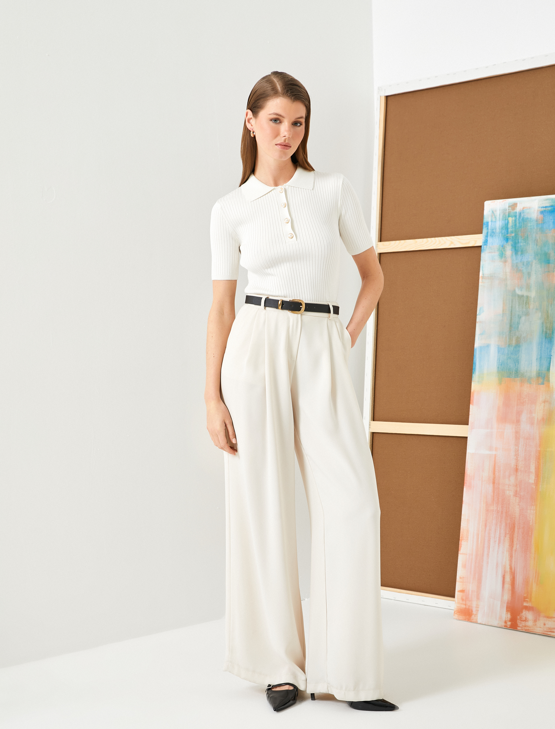   Triko Kazak Polo Yaka Kısa Kollu İnci Düğmeli