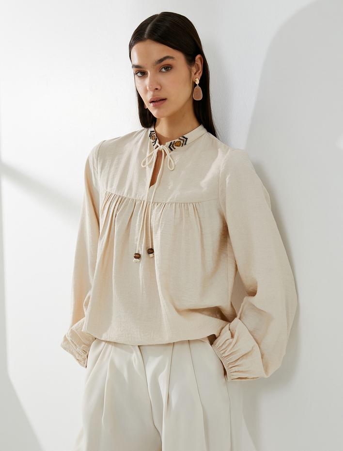  Balon Kol Bluz Bağcıklı Hakim Yaka Boncuk İşlemeli Viskon