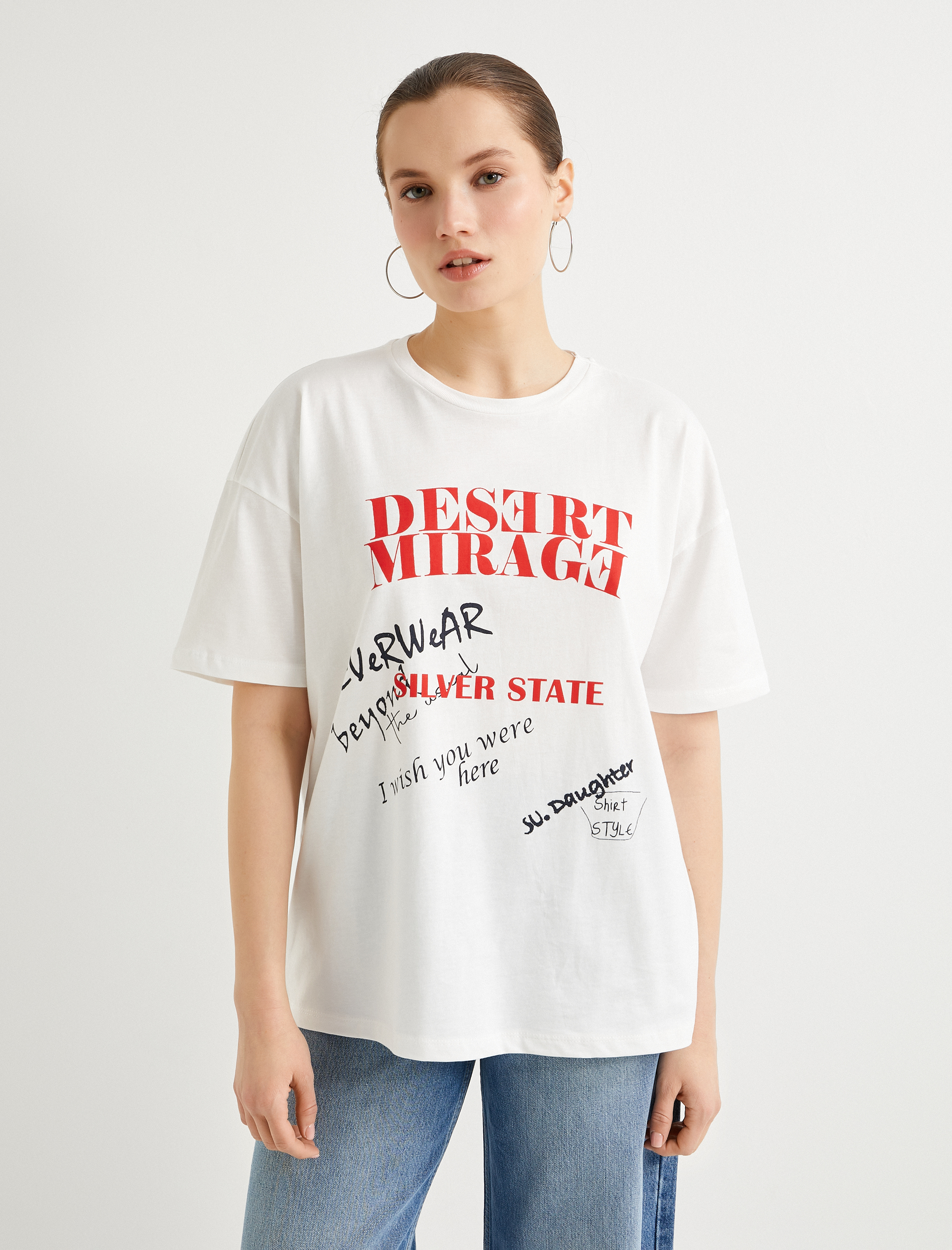   Baskılı Tişört Bisiklet Yaka Kısa Kollu Pamuklu