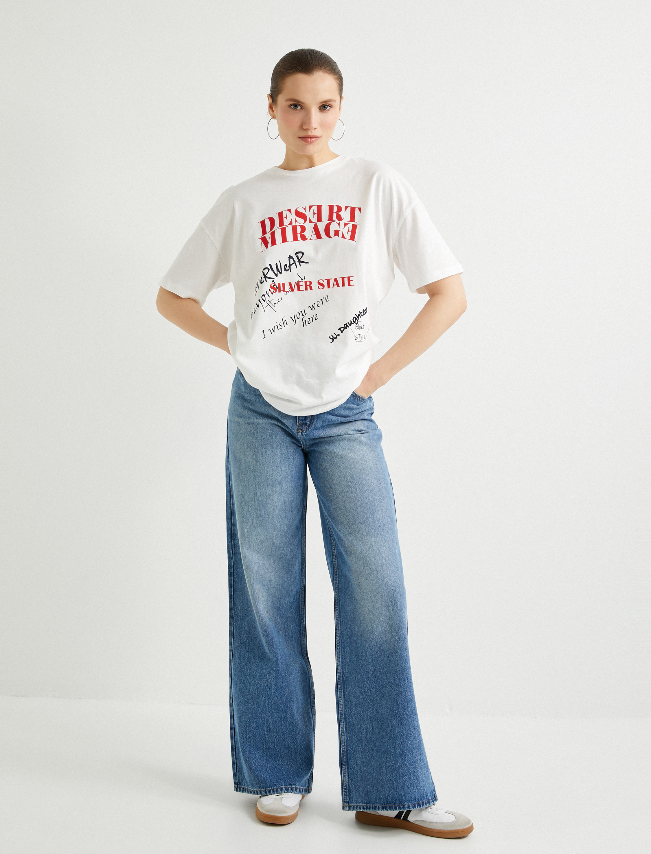   Baskılı Tişört Bisiklet Yaka Kısa Kollu Pamuklu