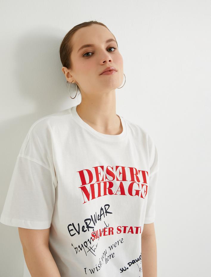  Baskılı Tişört Bisiklet Yaka Kısa Kollu Pamuklu