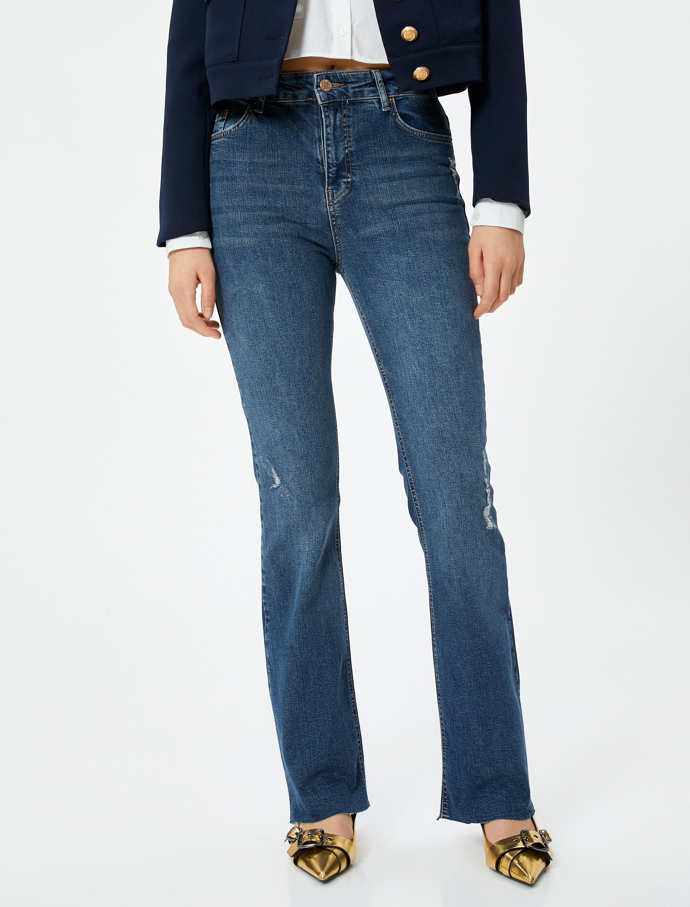   Hafif İspanyol Paça Kot Pantolon Dar Kesim Yüksek Bel - Flare Slim Jean