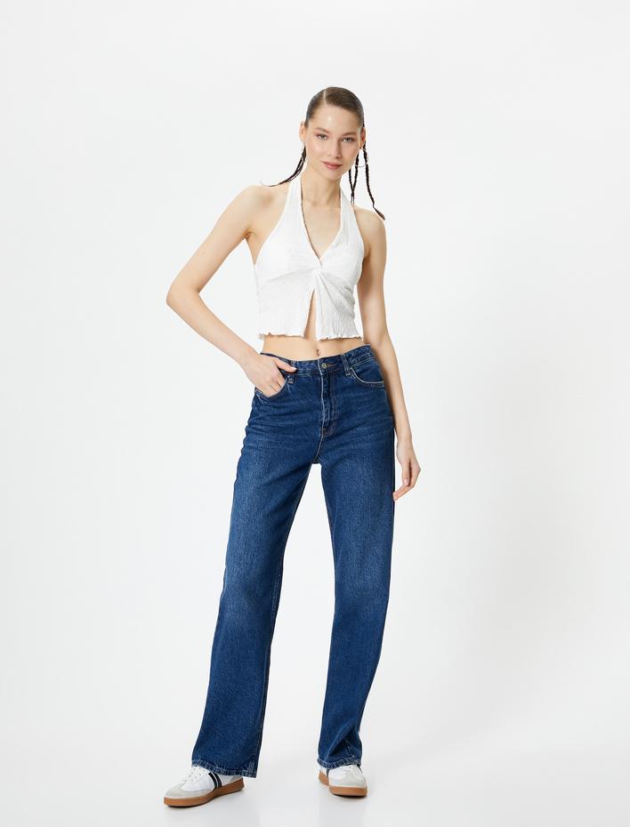  Crop Üst Sırt Dekolteli Boyundan Kalın Askılı Dokulu Derin V Yaka Bürümcük