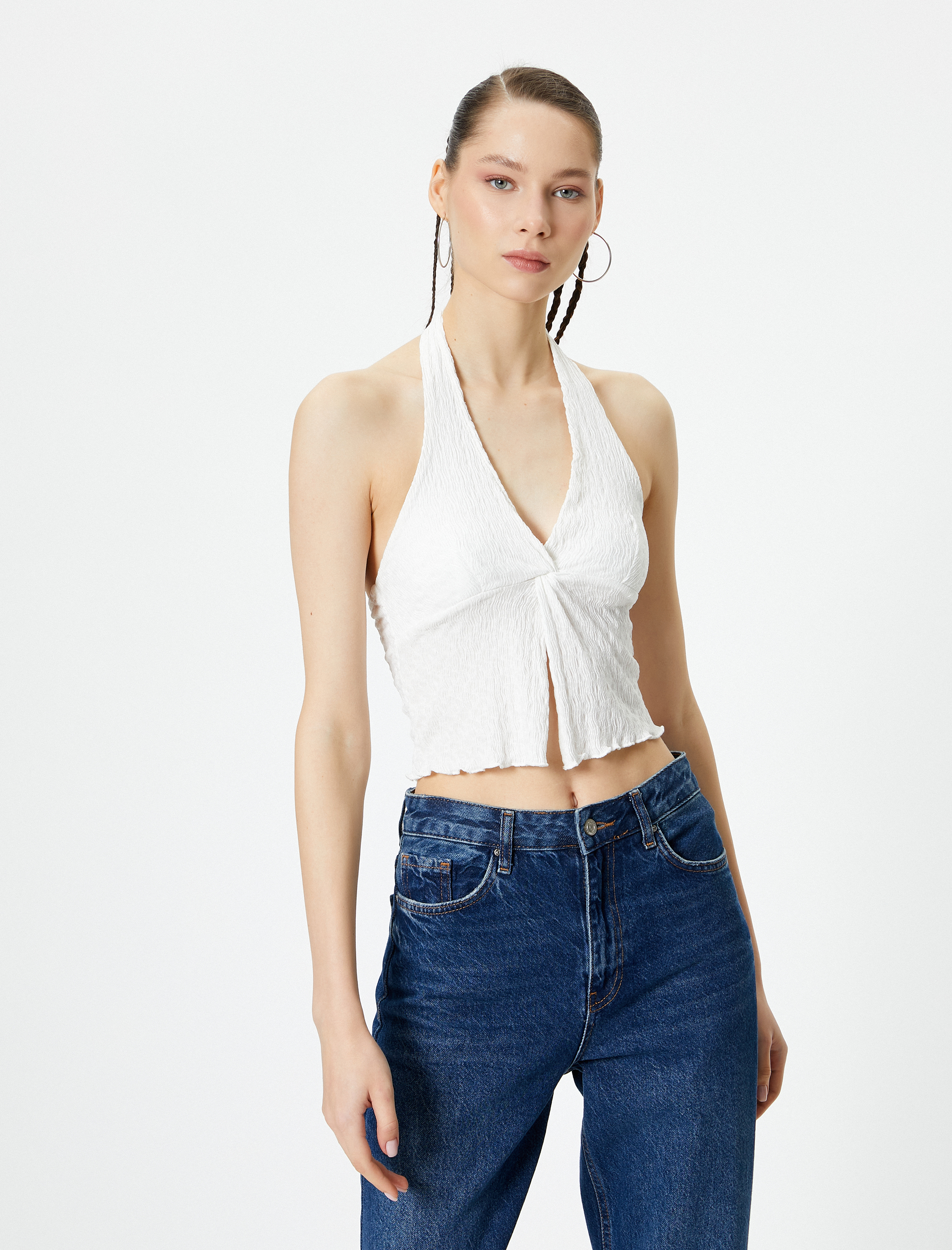   Crop Üst Sırt Dekolteli Boyundan Kalın Askılı Dokulu Derin V Yaka Bürümcük