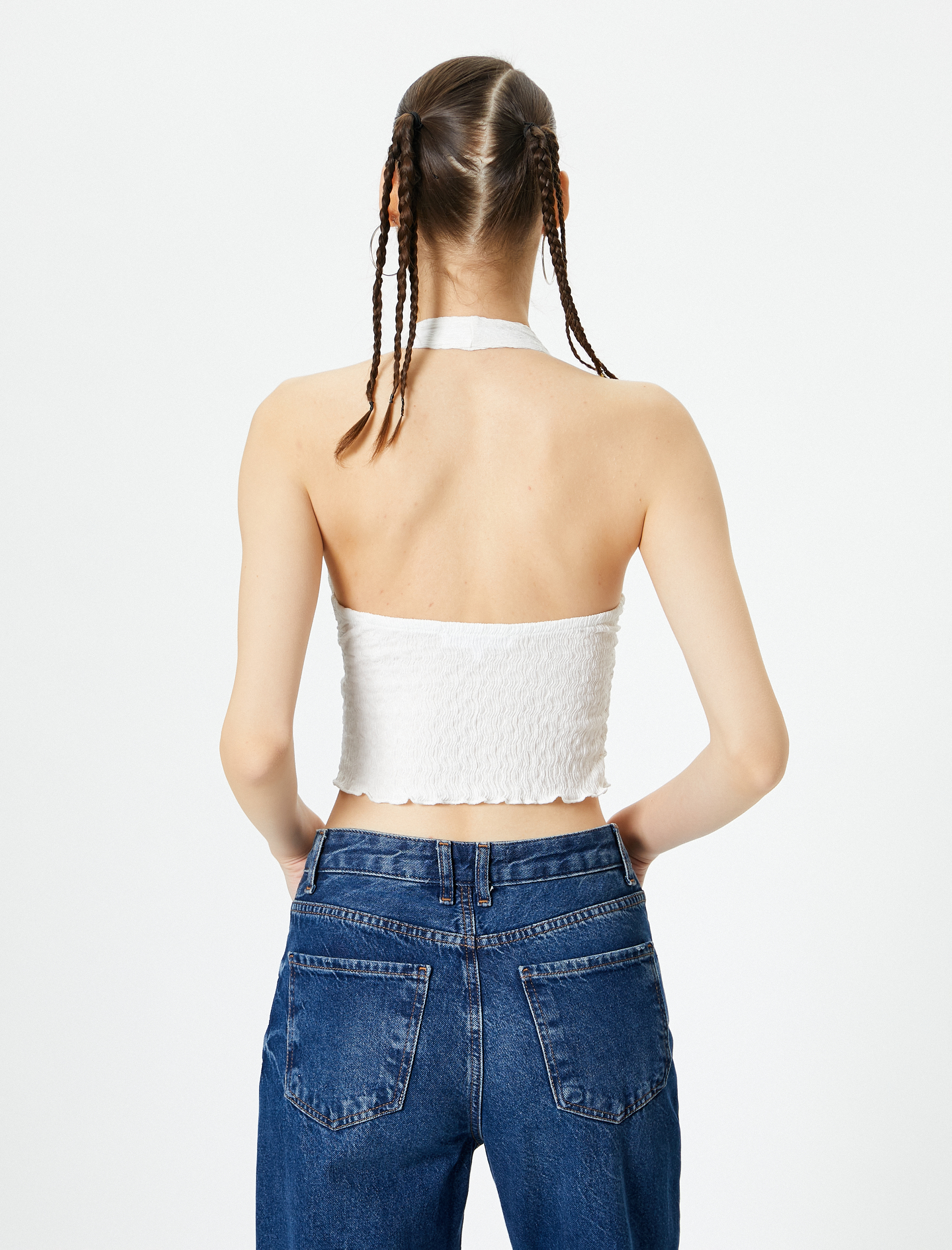   Crop Üst Sırt Dekolteli Boyundan Kalın Askılı Dokulu Derin V Yaka Bürümcük