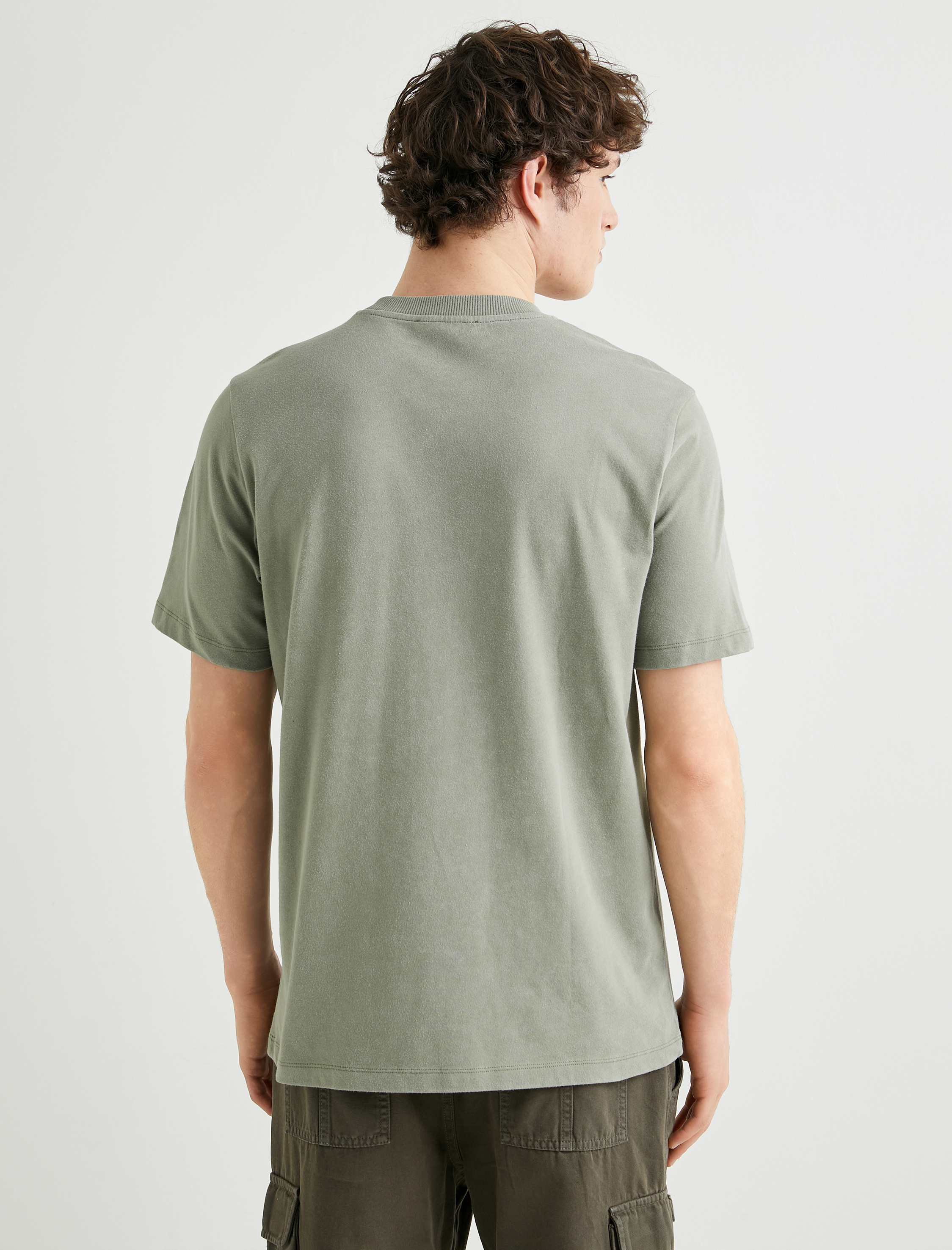   Slogan İşlemeli Tişört Yıkamalı Bisiklet Yaka Kısa Kollu