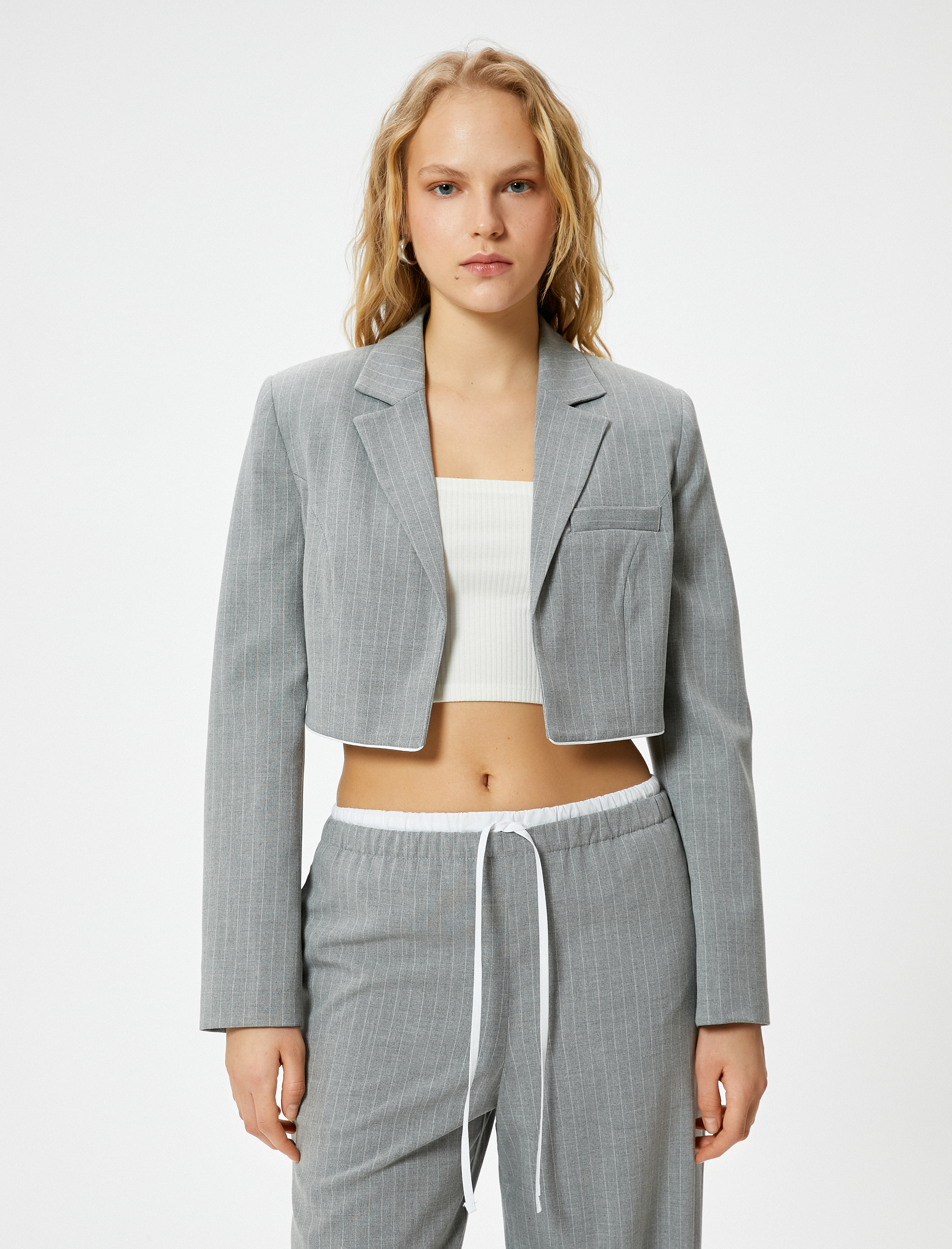   Crop Blazer Ceket Fleto Cepli Viskon Karışımlı
