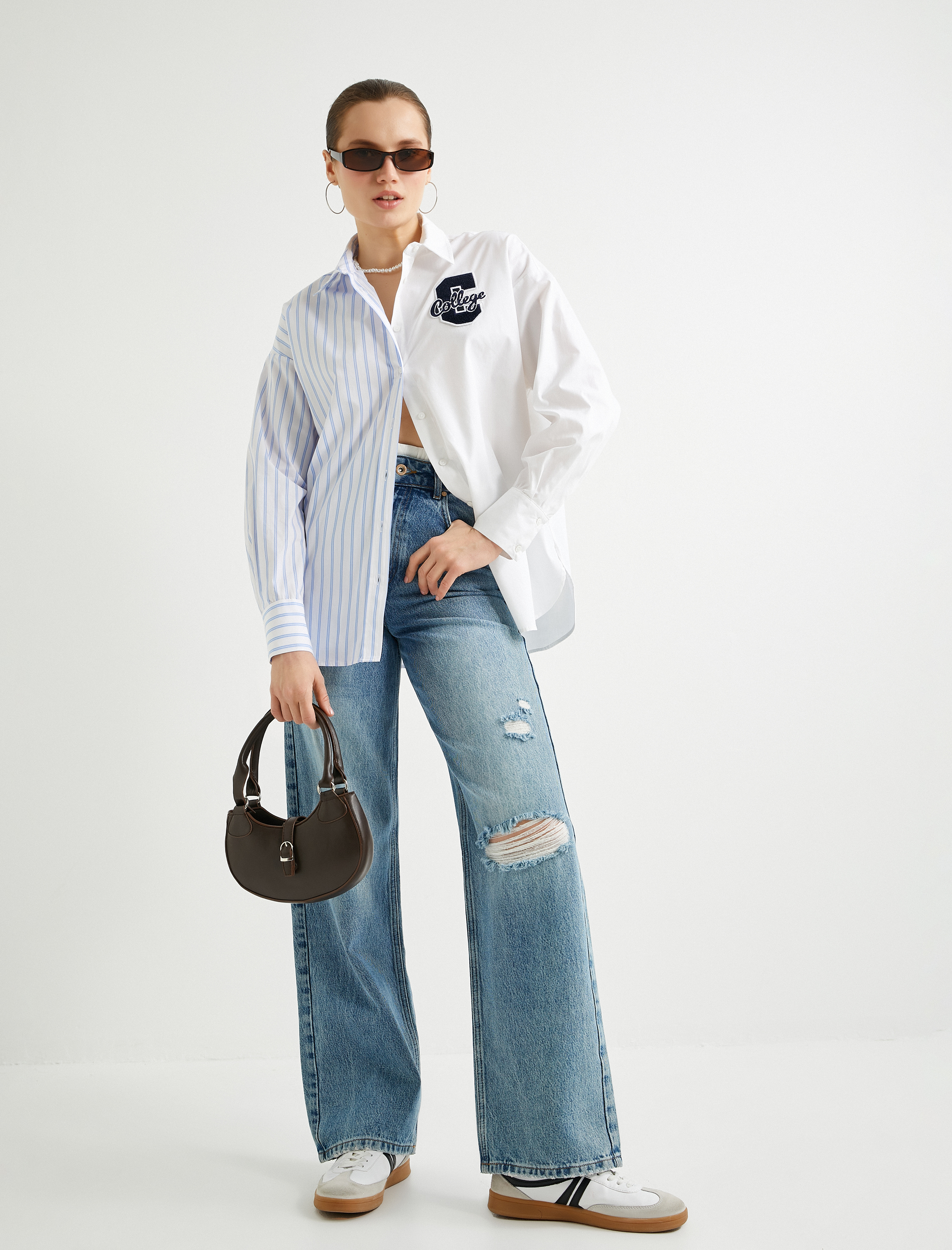   Oversize Poplin Gömlek Kolej İşlemeli Düğmeli